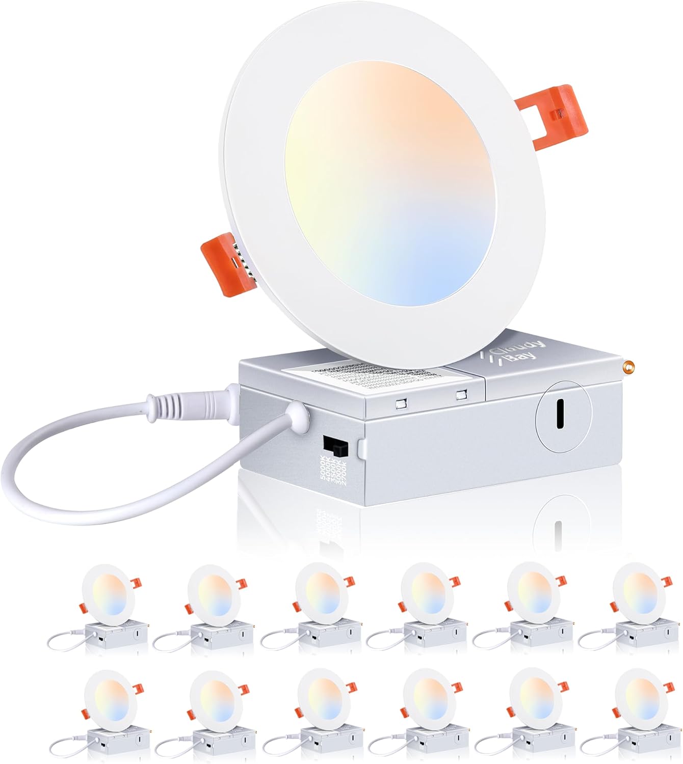 CLOUDY BAY 4 inch 3000K/4000K/5000K Three Color Temperature Selectable, Dimmable 10W CRI 90+, IC Rated,Ultra Thin Recessed Downlight with Junction Box, Canless Wafer Downlight,White Finish, 12 Pack