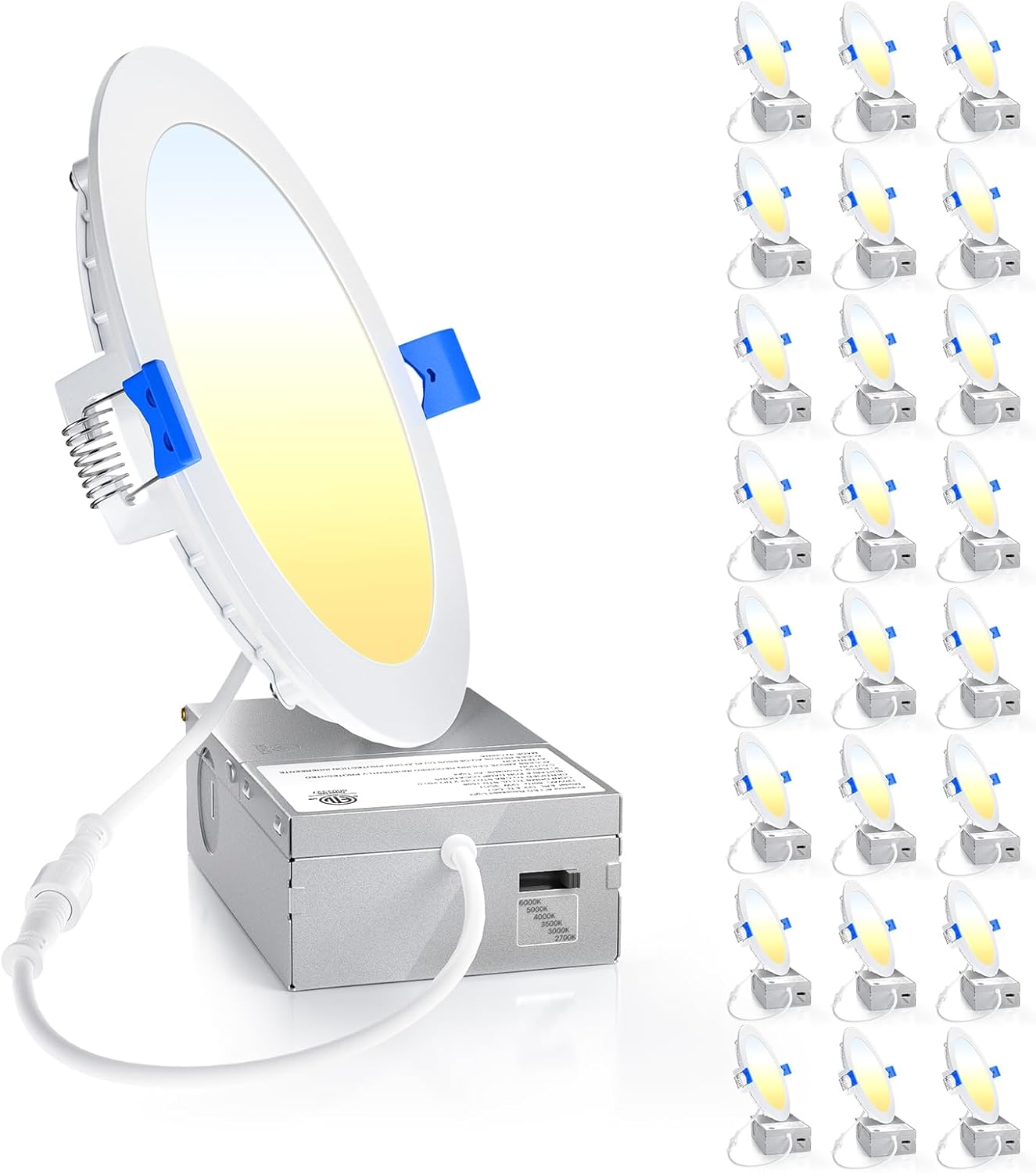 Ensenior 24 Pack 6 Inch LED Recessed Ceiling Light, Dimmable, 2700K-5000K 5CCT, 1200LM 12W 120V, High Brightness Canless Wafer Downlight - ETL&FCC&IC