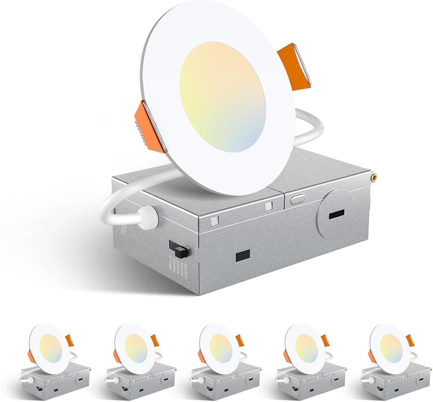 Amico 6 Pack 6 Inch 5CCT Ultra-Thin LED Recessed Ceiling Light with Junction Box, 2700K/3000K/3500K/4000K/5000K Selectable, 12W Eqv 110W 1050LM Brightness Dimmable Canless Wafer Downlight, ETL & FCC