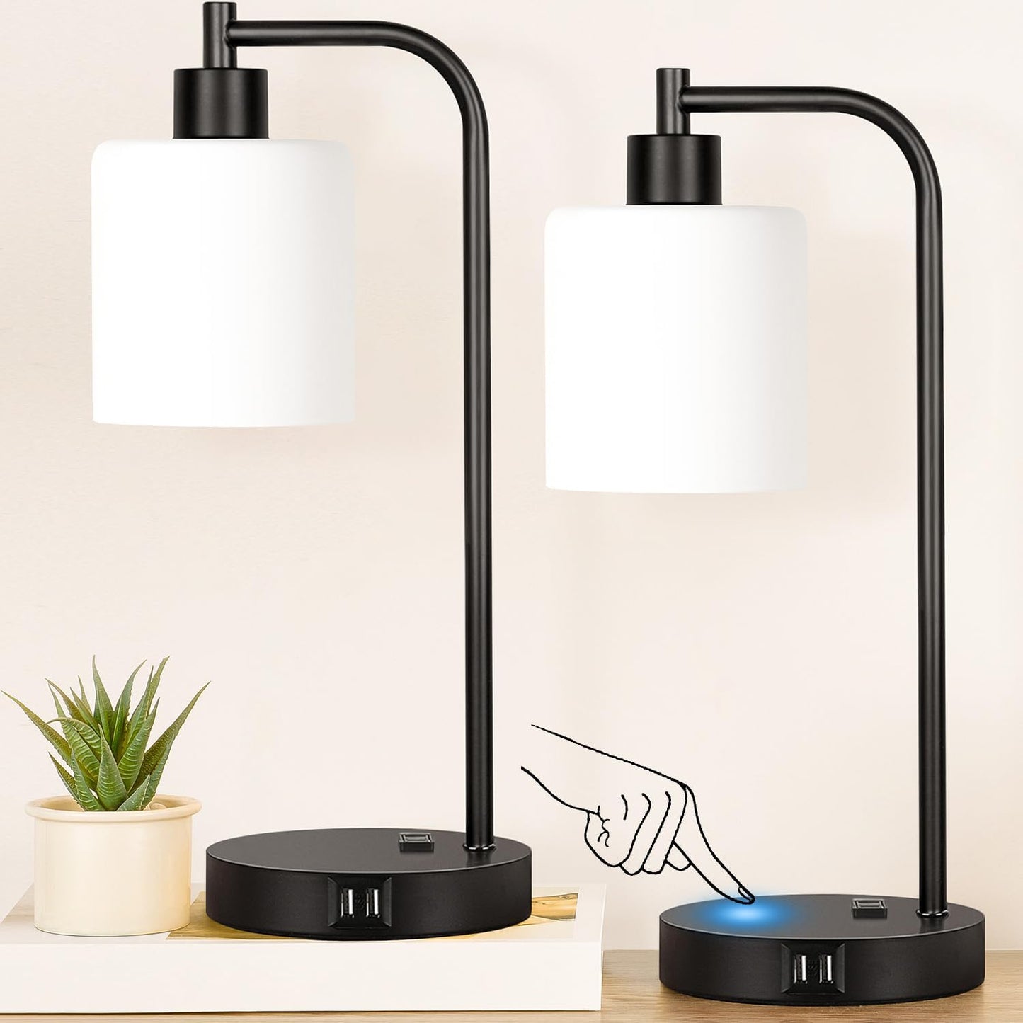 Set of 2 Industrial Touch Control Table Lamps with 2 USB Ports and AC Outlet - 3-Way Dimmable Black Bedside Lamps Nightstand Desk Lamps for Bedroom Living Room, Glass Shade & 2 LED Bulbs Included