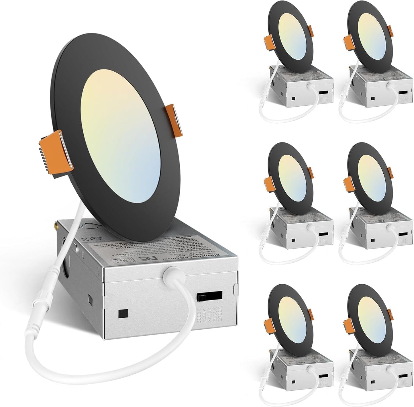 Amico 6 Pack 6 Inch 5CCT Ultra-Thin LED Recessed Ceiling Light with Junction Box, 2700K/3000K/3500K/4000K/5000K Selectable, 12W Eqv 110W 1050LM Brightness Dimmable Canless Wafer Downlight, ETL & FCC