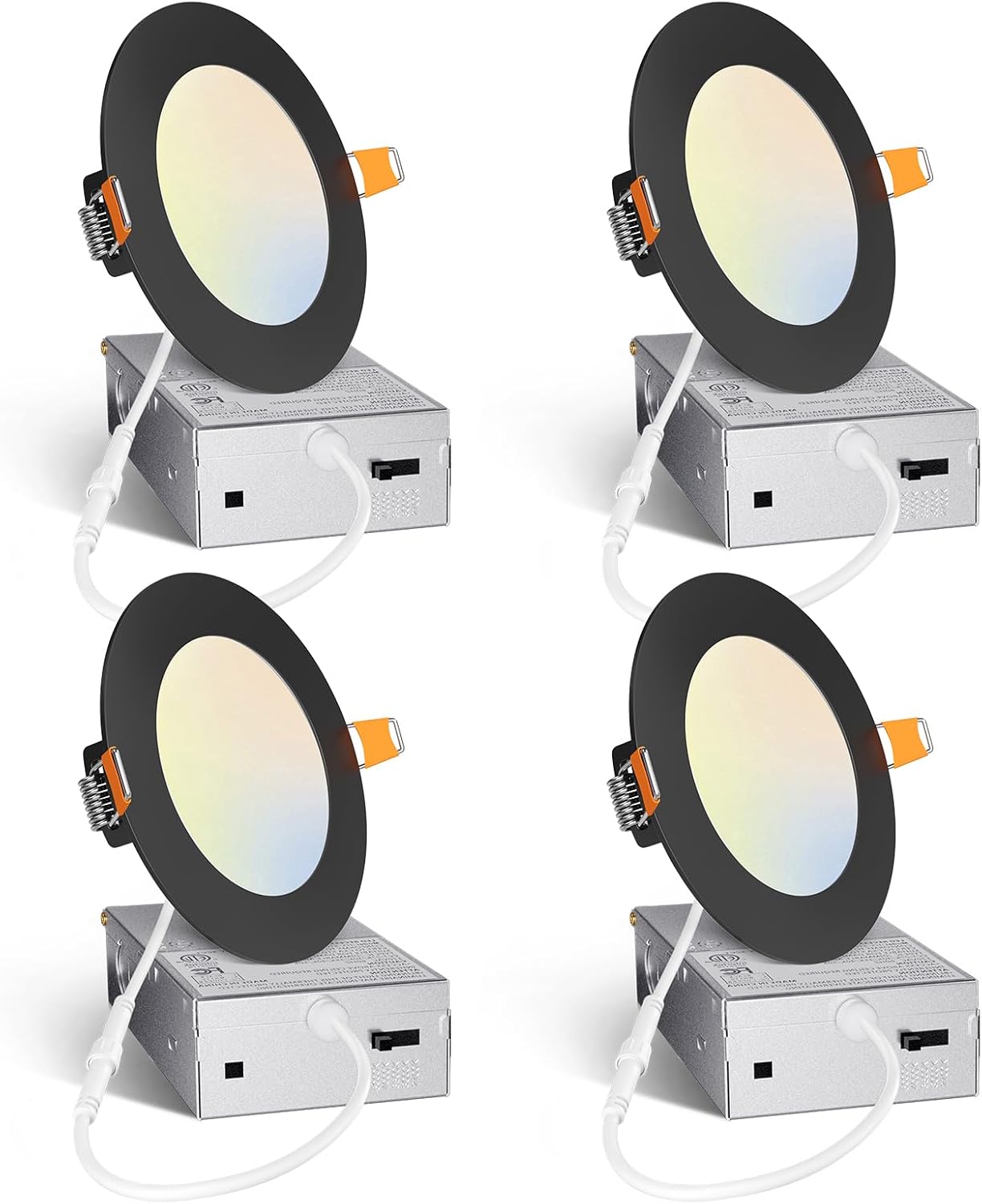 Amico 4 Pack 6 Inch 5CCT Ultra-Thin LED Recessed Ceiling Light with Junction Box, 2700K/3000K/3500K/4000K/5000K Selectable, 12W Eqv 110W 1050LM Brightness Dimmable Canless Wafer Downlight, ETL & FCC