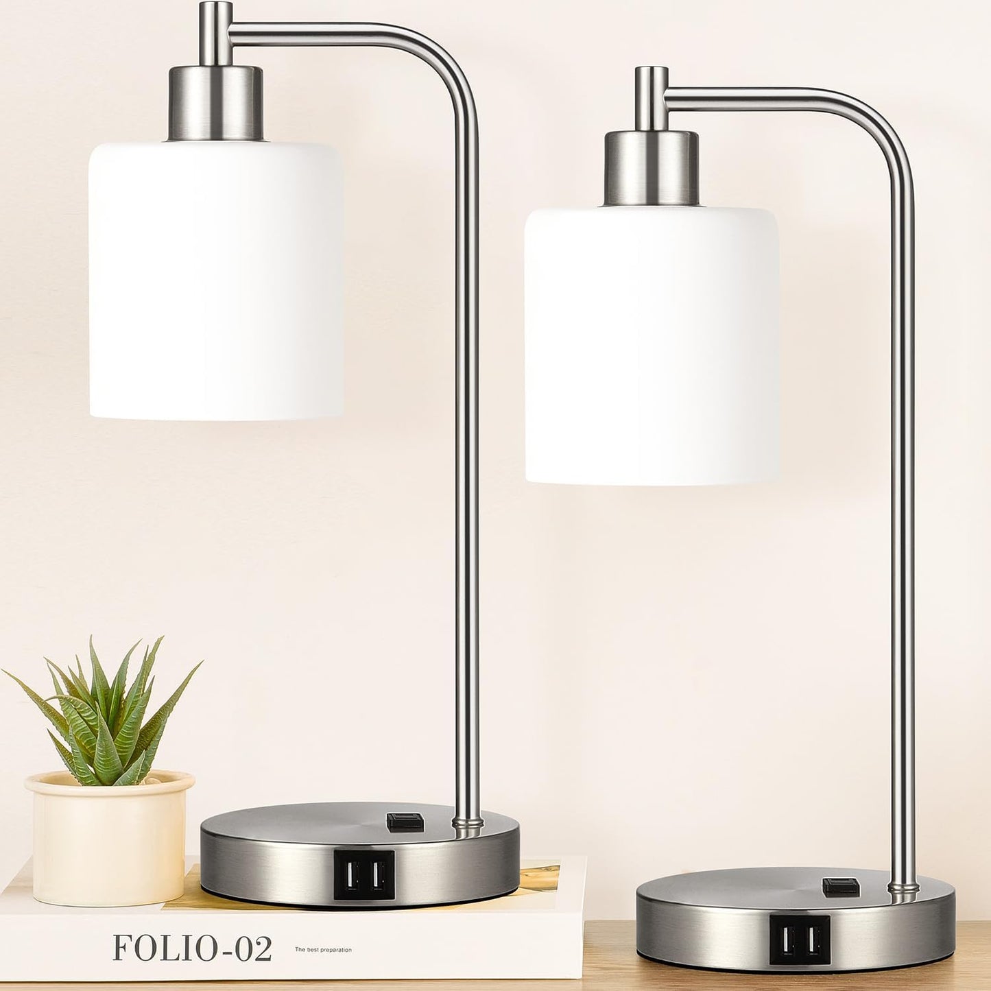 Set of 2 Industrial Touch Control Table Lamps with 2 USB Ports and AC Outlet - 3-Way Dimmable Black Bedside Lamps Nightstand Desk Lamps for Bedroom Living Room, Glass Shade & 2 LED Bulbs Included