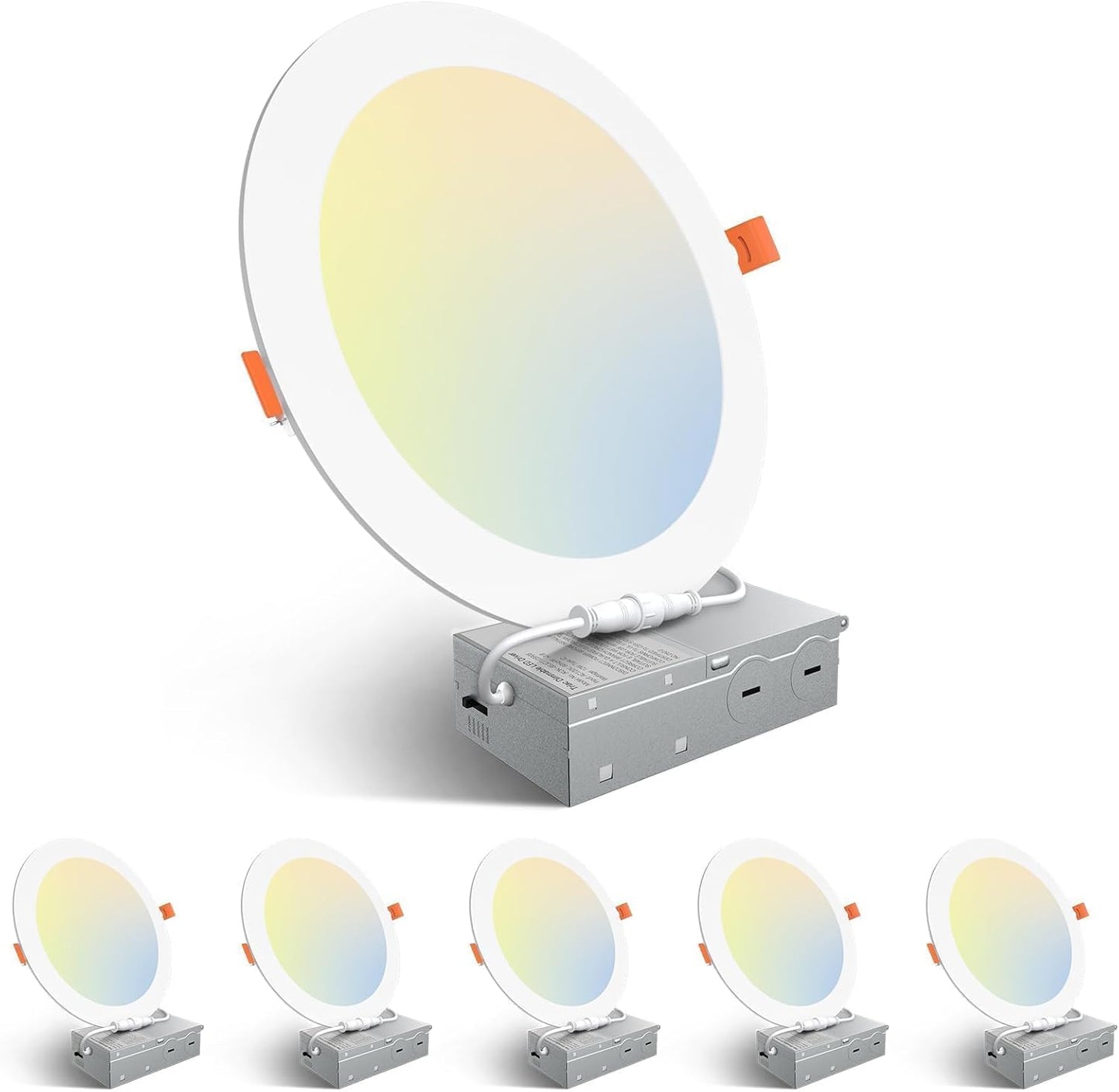 Amico 6 Pack 6 Inch 5CCT Ultra-Thin LED Recessed Ceiling Light with Junction Box, 2700K/3000K/3500K/4000K/5000K Selectable, 12W Eqv 110W 1050LM Brightness Dimmable Canless Wafer Downlight, ETL & FCC