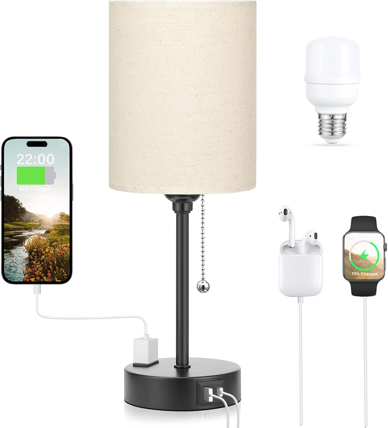 Small Bedside Table lamp for Bedroom - 3 Color Temperatures Bedside Lamps with USB C and A Ports, Pull Chain Table Lamps with AC Outlet, White Nightstand Lamps with Black Metal Base for Kids Reading