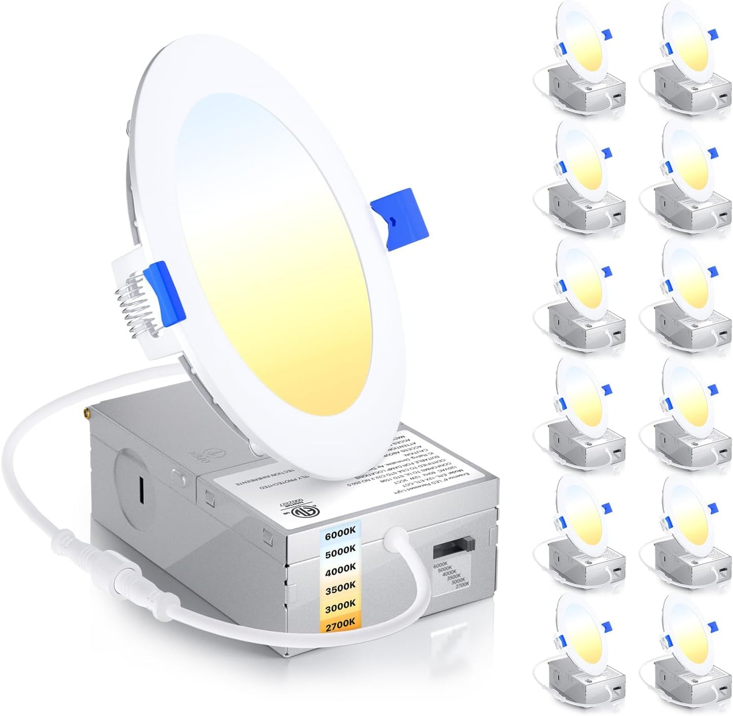 Ensenior 12 Pack 6 Inch LED Recessed Ceiling Light, Dimmable, 2700K-5000K 5CCT, 1200LM 12W 120V, High Brightness Canless Wafer Downlight - ETL&FCC&IC