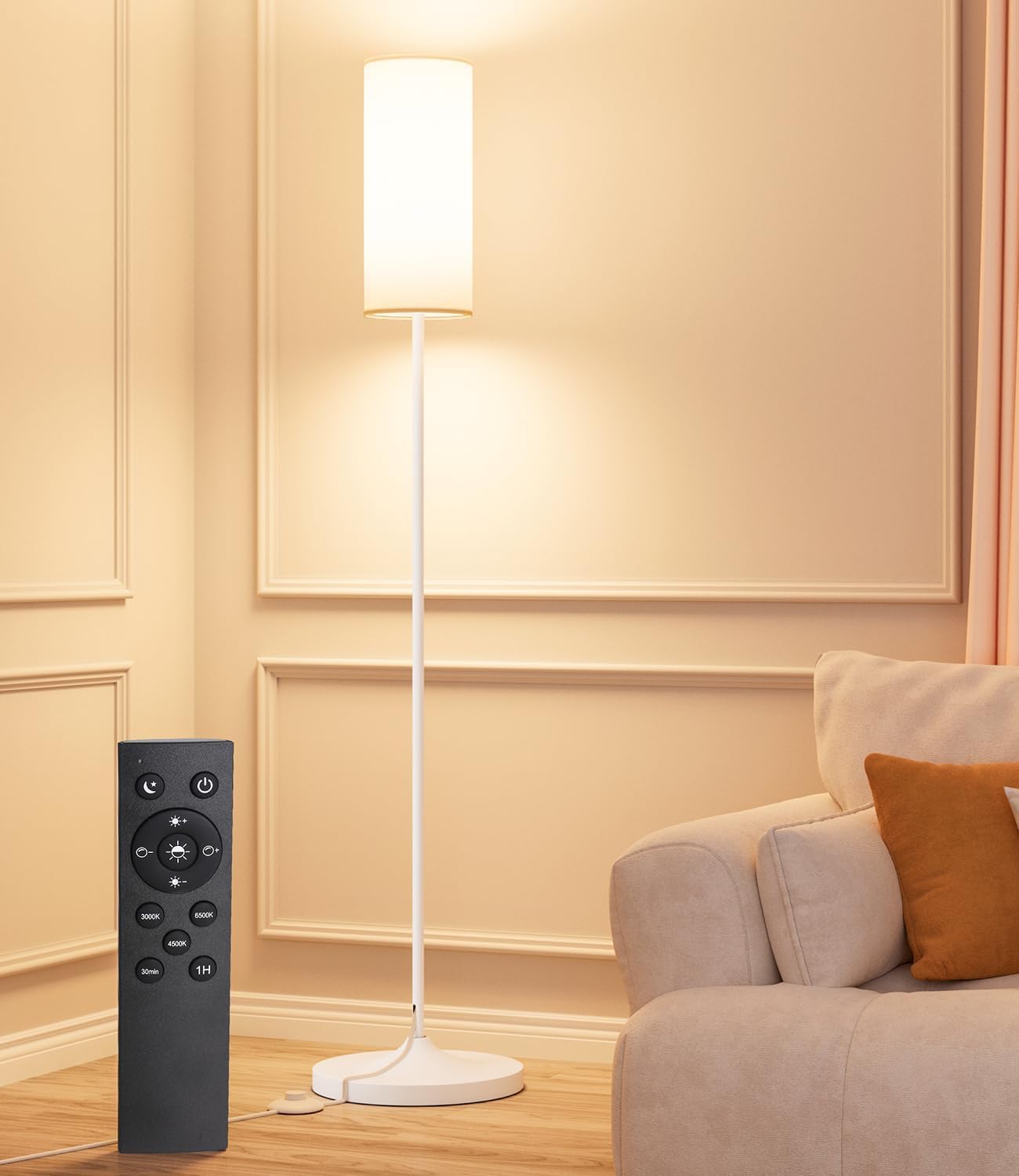 luckystyle LED Floor Lamp for Living Room, Dimmable Standing Lamps with Foot Switch,Remote Custom Color Temperature Black Pole Lamp with Lampshade,12W Led Bulb Tall Lamps for Bedroom Office Kid Room