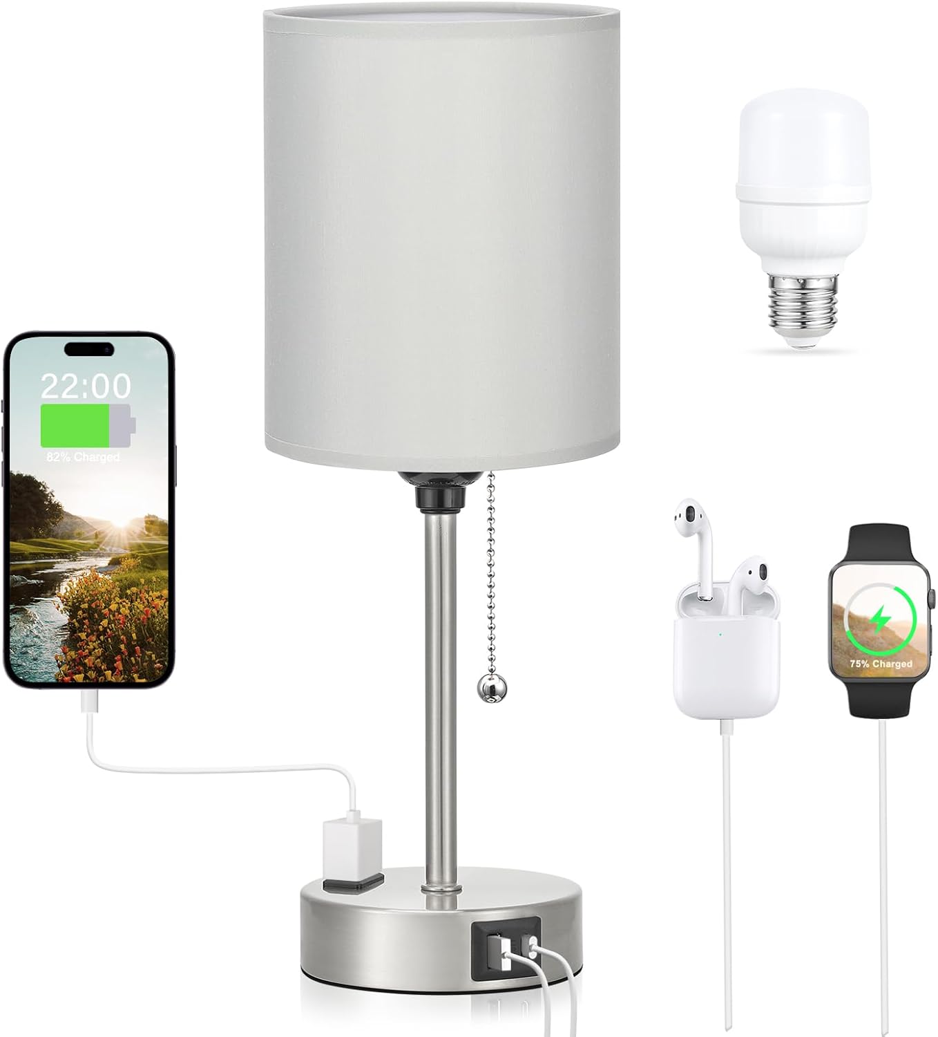Small Bedside Table lamp for Bedroom - 3 Color Temperatures Bedside Lamps with USB C and A Ports, Pull Chain Table Lamps with AC Outlet, White Nightstand Lamps with Black Metal Base for Kids Reading