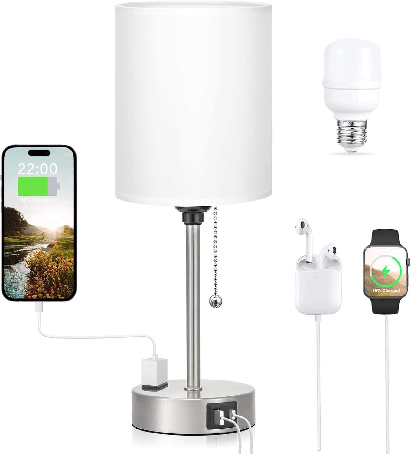 Small Bedside Table lamp for Bedroom - 3 Color Temperatures Bedside Lamps with USB C and A Ports, Pull Chain Table Lamps with AC Outlet, White Nightstand Lamps with Black Metal Base for Kids Reading