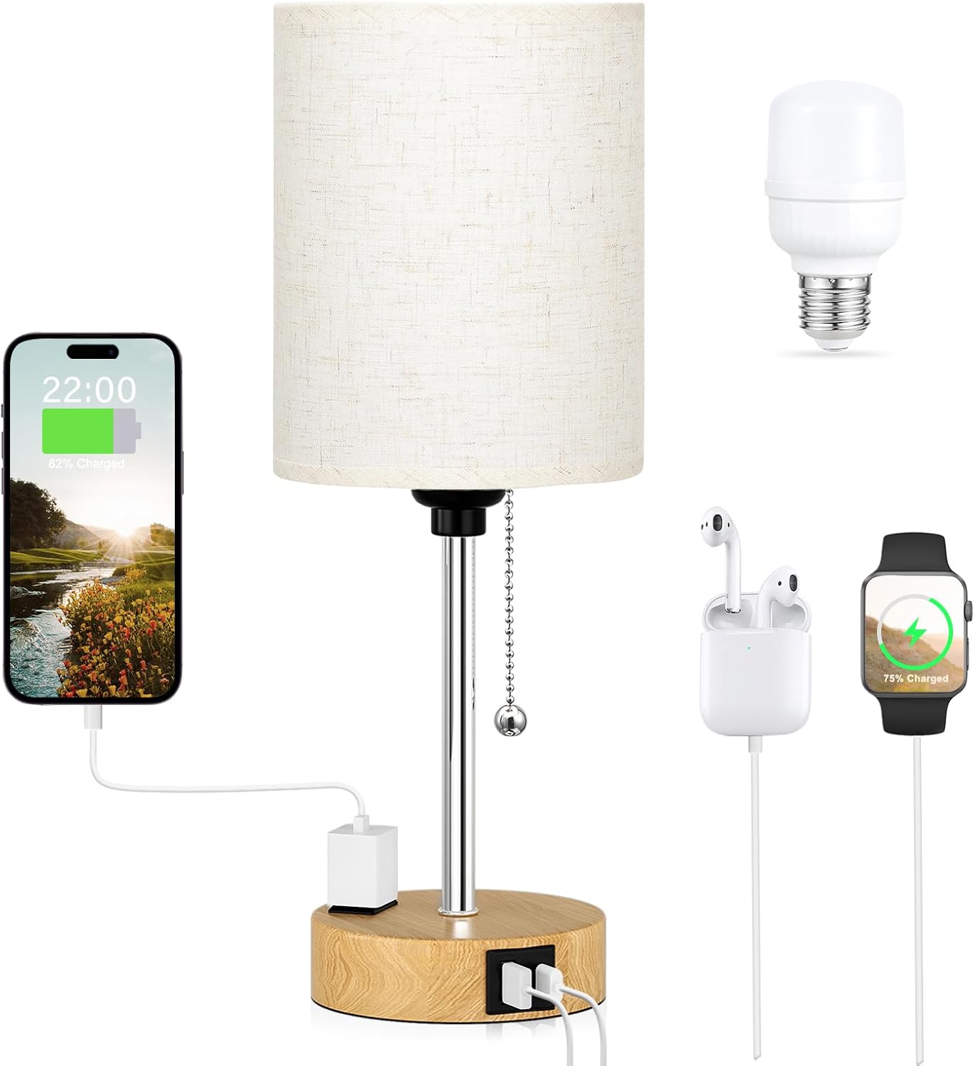 Small Bedside Table lamp for Bedroom - 3 Color Temperatures Bedside Lamps with USB C and A Ports, Pull Chain Table Lamps with AC Outlet, White Nightstand Lamps with Black Metal Base for Kids Reading