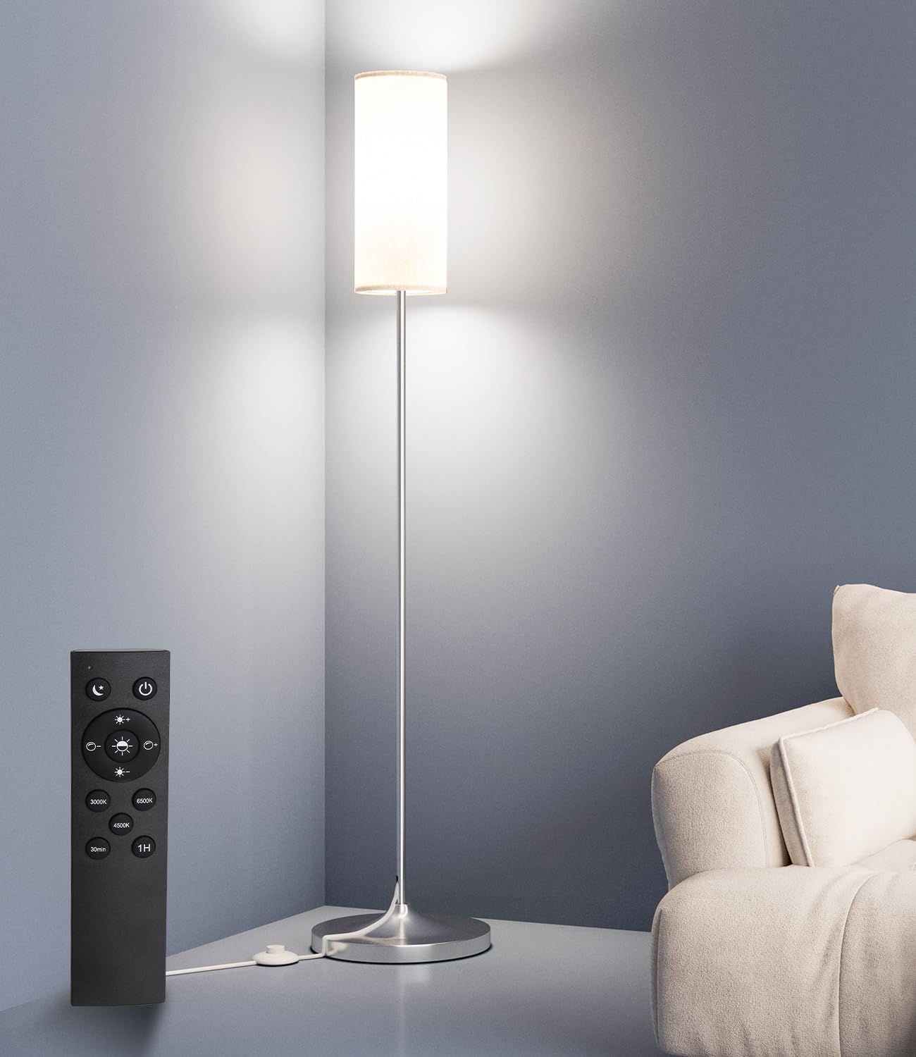 luckystyle LED Floor Lamp for Living Room, Dimmable Standing Lamps with Foot Switch,Remote Custom Color Temperature Black Pole Lamp with Lampshade,12W Led Bulb Tall Lamps for Bedroom Office Kid Room
