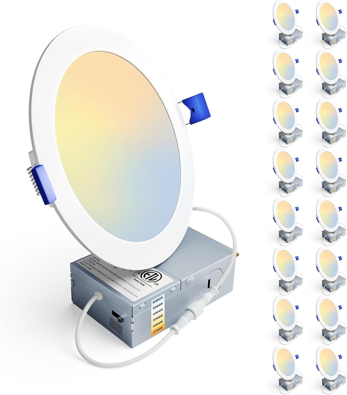 Ensenior 16 Pack 6 Inch LED Recessed Ceiling Light, Dimmable, 2700K-5000K 5CCT, 1050LM 12W 120V, High Brightness Canless Wafer Downlight - ETL&FCC&IC