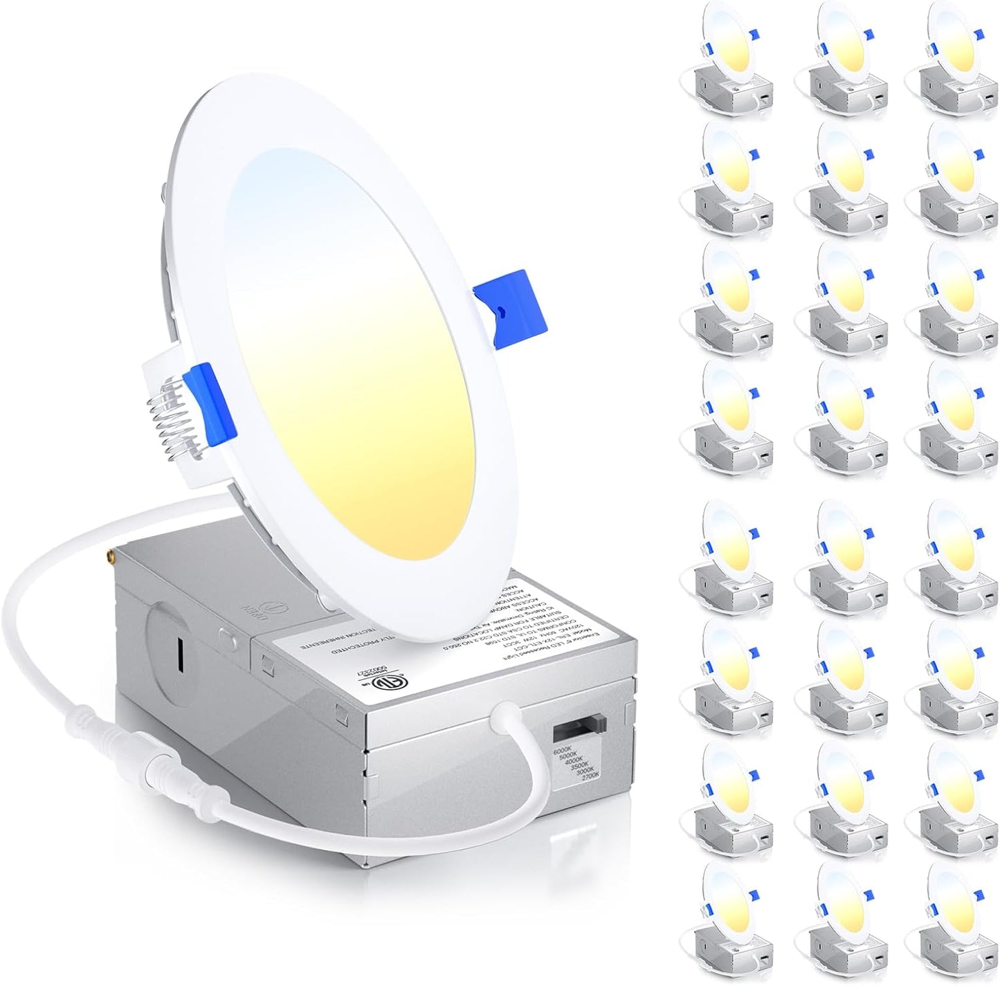 Ensenior 24 Pack 6 Inch LED Recessed Ceiling Light, Dimmable, 2700K-5000K 5CCT, 1200LM 12W 120V, High Brightness Canless Wafer Downlight - ETL&FCC&IC