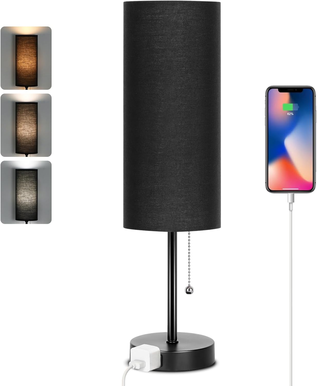 Dott Arts 15" Table Lamp for Bedroom, 3-Color Bedside Lamps with Pull Chain, Bedroom Table Lamps for Nightstand,AC Outlet Small Lamp for Living Room, Bulb Included
