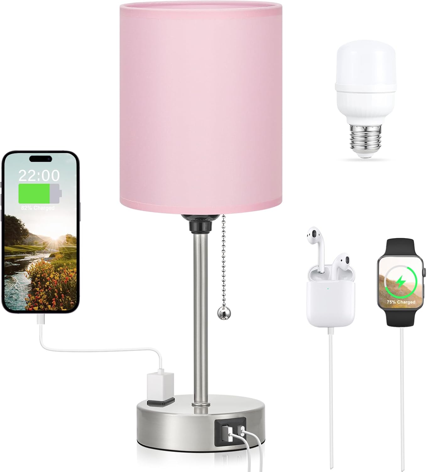 Small Bedside Table lamp for Bedroom - 3 Color Temperatures Bedside Lamps with USB C and A Ports, Pull Chain Table Lamps with AC Outlet, White Nightstand Lamps with Black Metal Base for Kids Reading