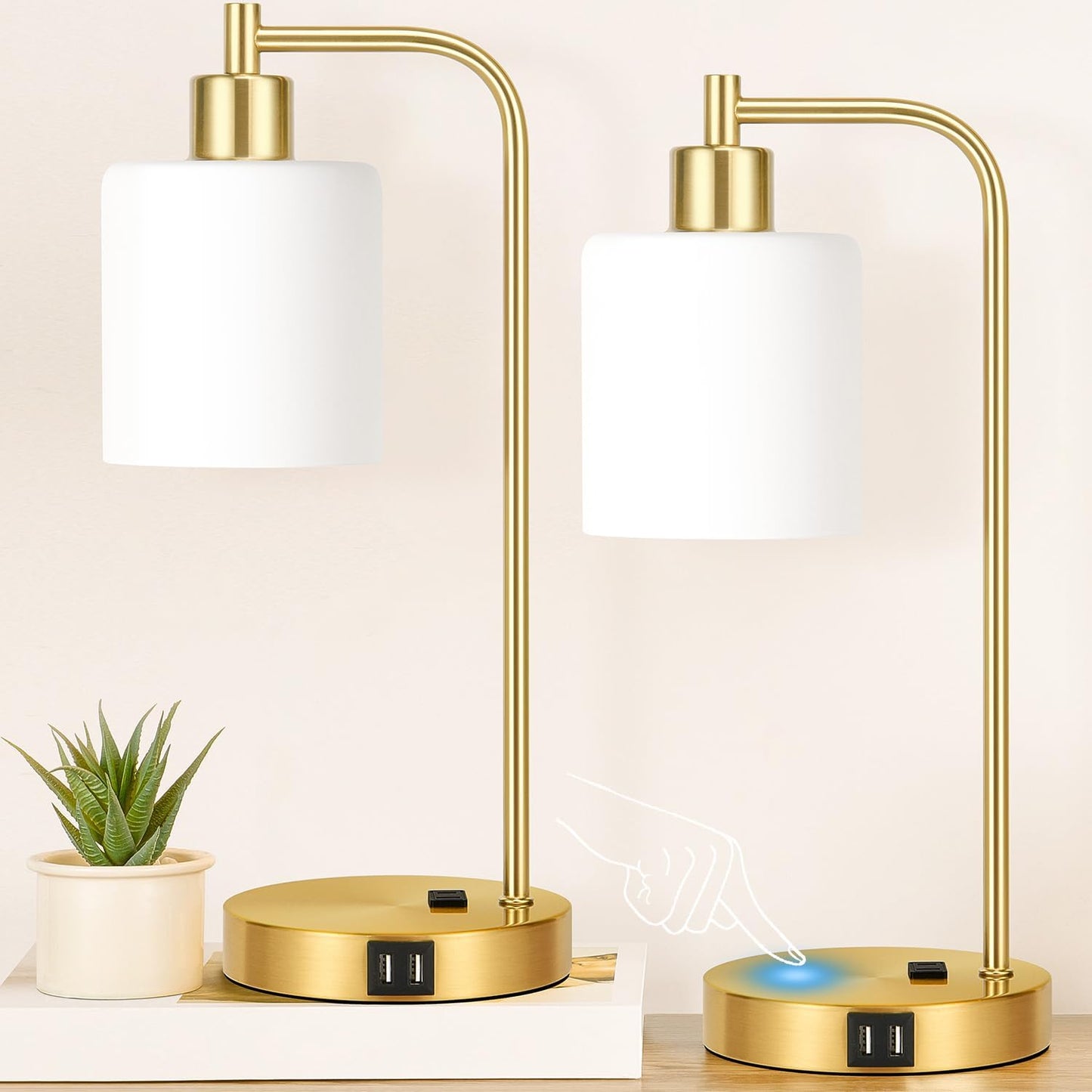 Set of 2 Industrial Touch Control Table Lamps with 2 USB Ports and AC Outlet - 3-Way Dimmable Black Bedside Lamps Nightstand Desk Lamps for Bedroom Living Room, Glass Shade & 2 LED Bulbs Included