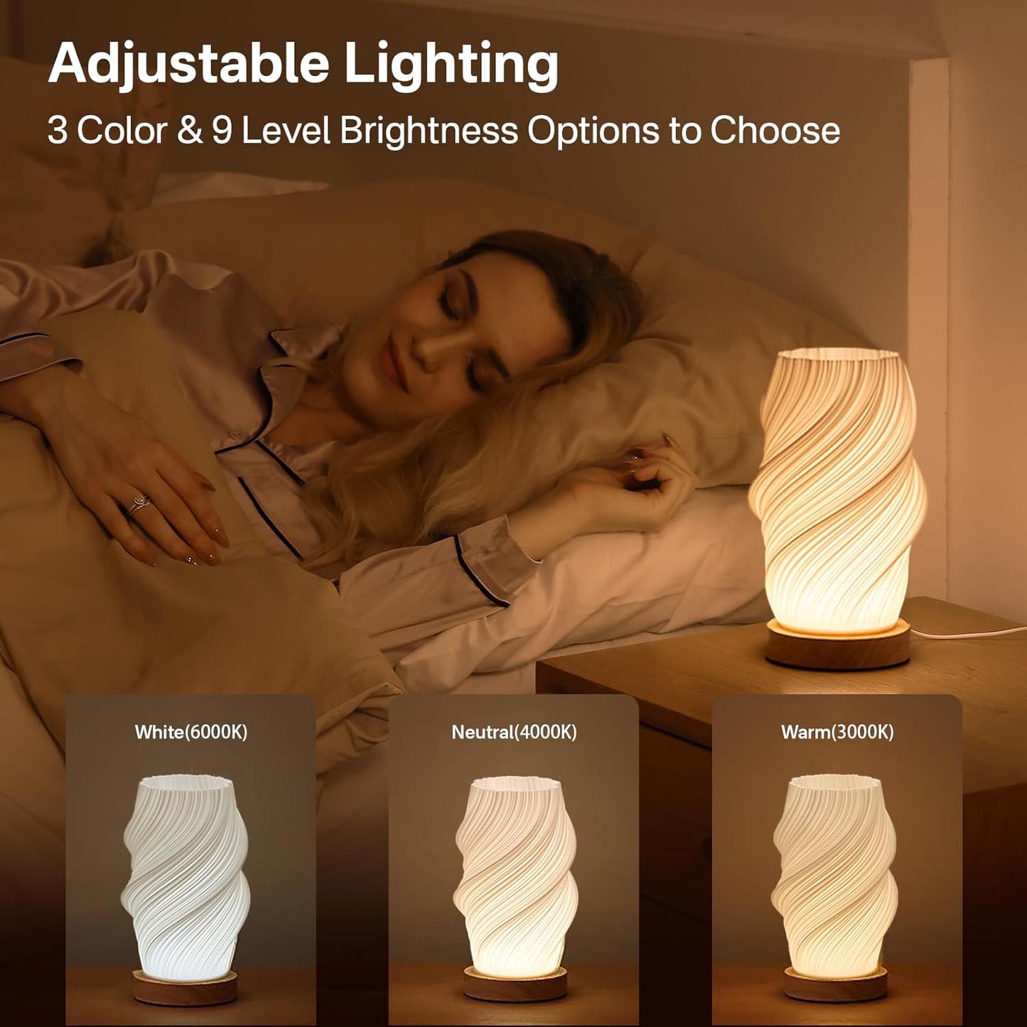 Bedside Lamp with Woodbase - Button Control Table Lamp for Bedroom 12 Way Dimmable Nightstand Lamp with PLA Lampshade for Living Room, Kids Room, College Dorm, Office (White-E, Medium)