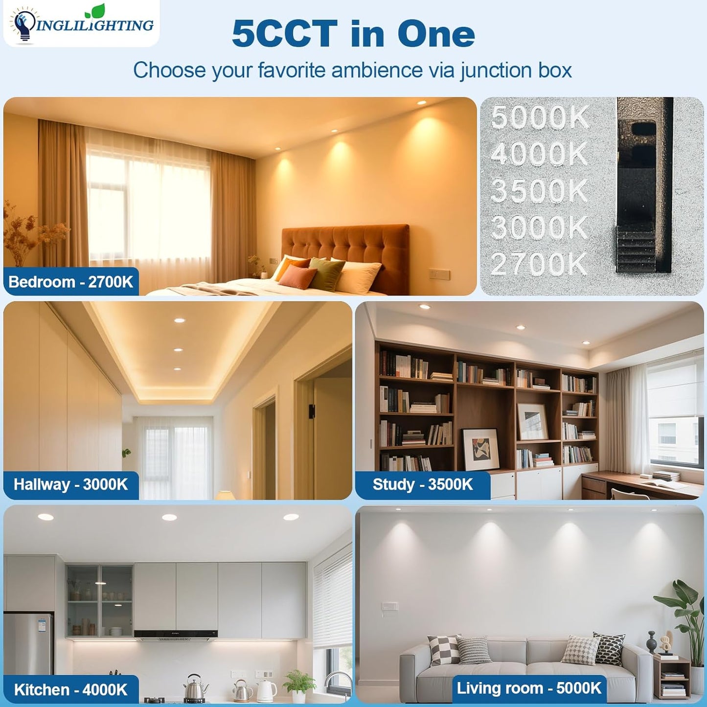 DLLT LED Recessed Ceiling Light: 24 Pack 6 Inch Slim Recessed Lighting for Kitchen - 5CCT Dimmable Canless Wafer Downlight for Living Room - 725LM Brightness 12W 120V Can Lights for Bedroom ETL FCC