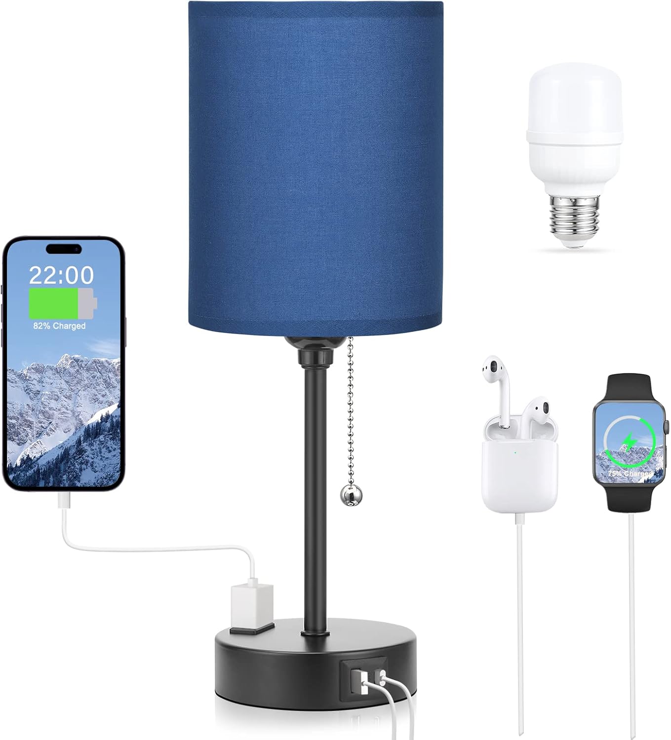 Small Bedside Table lamp for Bedroom - 3 Color Temperatures Bedside Lamps with USB C and A Ports, Pull Chain Table Lamps with AC Outlet, White Nightstand Lamps with Black Metal Base for Kids Reading