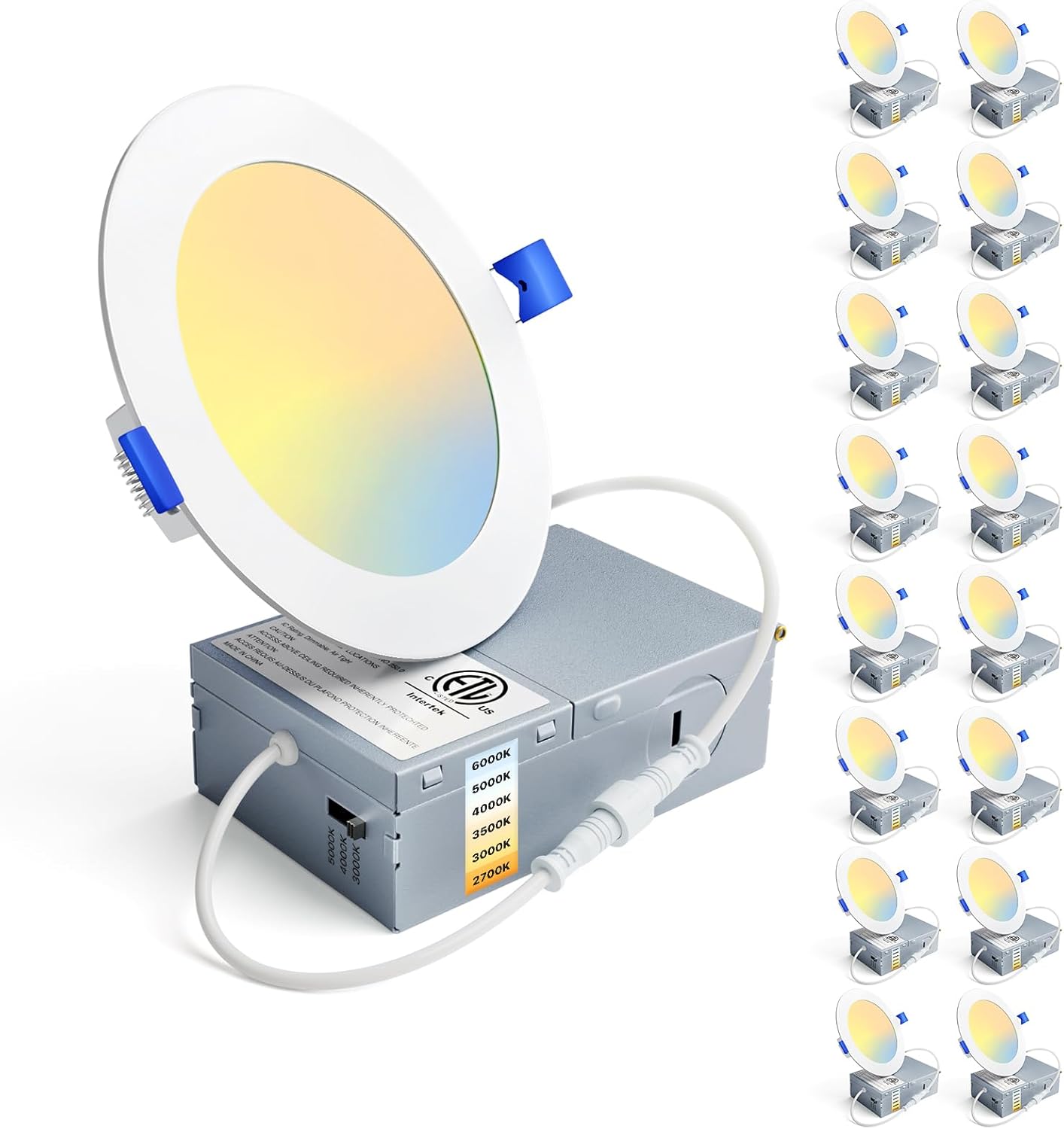 Ensenior 16 Pack 6 Inch LED Recessed Ceiling Light, Dimmable, 2700K-5000K 5CCT, 1050LM 12W 120V, High Brightness Canless Wafer Downlight - ETL&FCC&IC