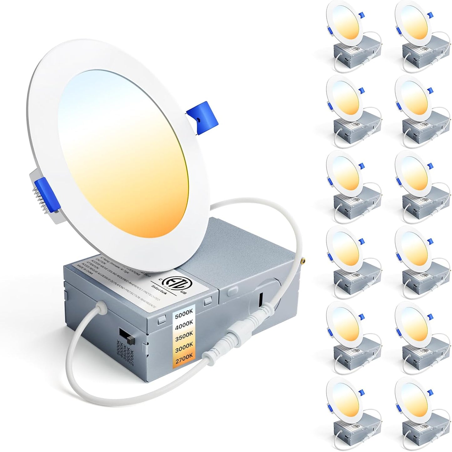 Ensenior 12 Pack 6 Inch LED Recessed Ceiling Light, Dimmable, 2700K-5000K 5CCT, 1200LM 12W 120V, High Brightness Canless Wafer Downlight - ETL&FCC&IC