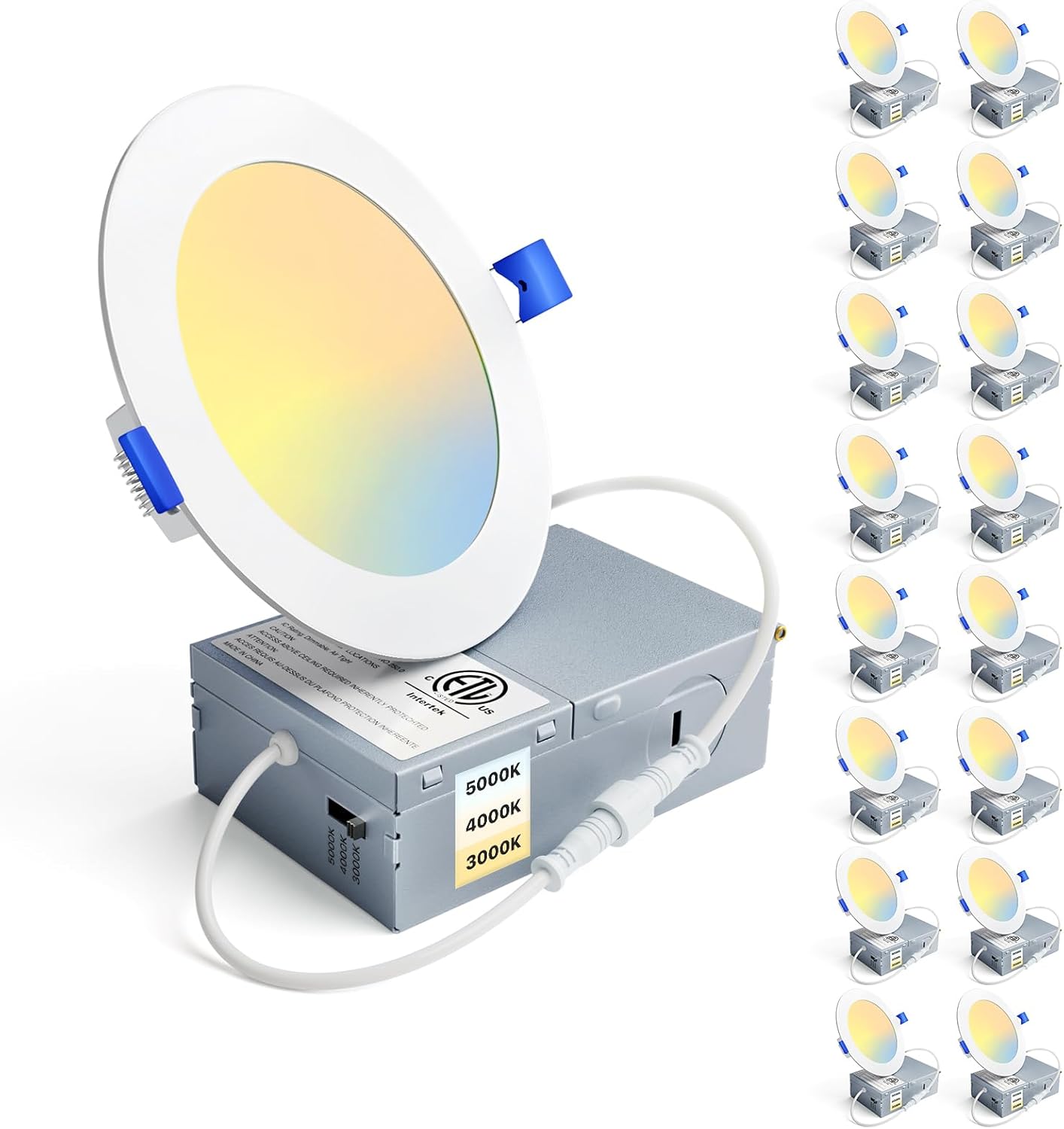 Ensenior 16 Pack 6 Inch LED Recessed Ceiling Light, Dimmable, 2700K-5000K 5CCT, 1050LM 12W 120V, High Brightness Canless Wafer Downlight - ETL&FCC&IC