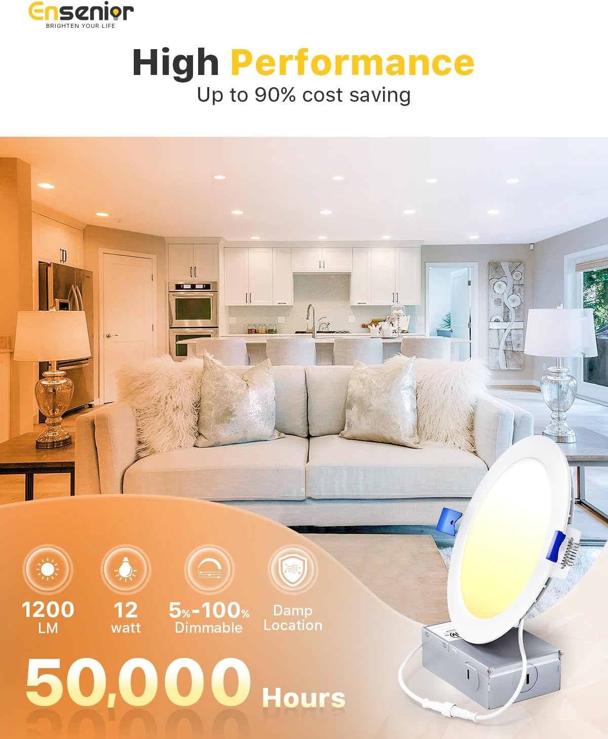Ensenior 12 Pack 6 Inch LED Recessed Ceiling Light, Dimmable, 2700K-5000K 5CCT, 1200LM 12W 120V, High Brightness Canless Wafer Downlight - ETL&FCC&IC