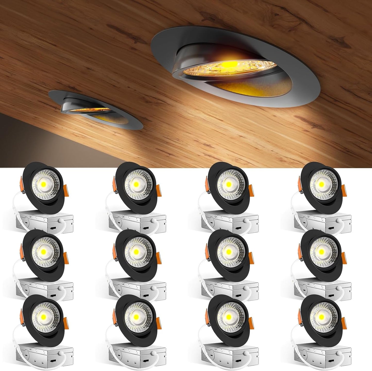 Amico 12 Pack 6 Inch 5CCT Gimbal LED Recessed Lighting, 360°&90°Adjustable Eyeball Directional Downlight, Dimmable, 2700K/3000K/3500K/4000K/5000K Selectable, 12W 1200LM CRI90+, White, ETL&FCC