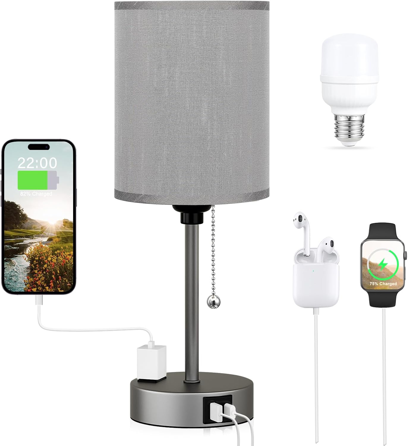 Small Bedside Table lamp for Bedroom - 3 Color Temperatures Bedside Lamps with USB C and A Ports, Pull Chain Table Lamps with AC Outlet, White Nightstand Lamps with Black Metal Base for Kids Reading