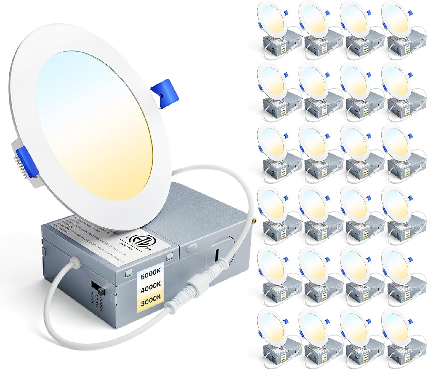 Ensenior 24 Pack 6 Inch LED Recessed Ceiling Light, Dimmable, 2700K-5000K 5CCT, 1200LM 12W 120V, High Brightness Canless Wafer Downlight - ETL&FCC&IC