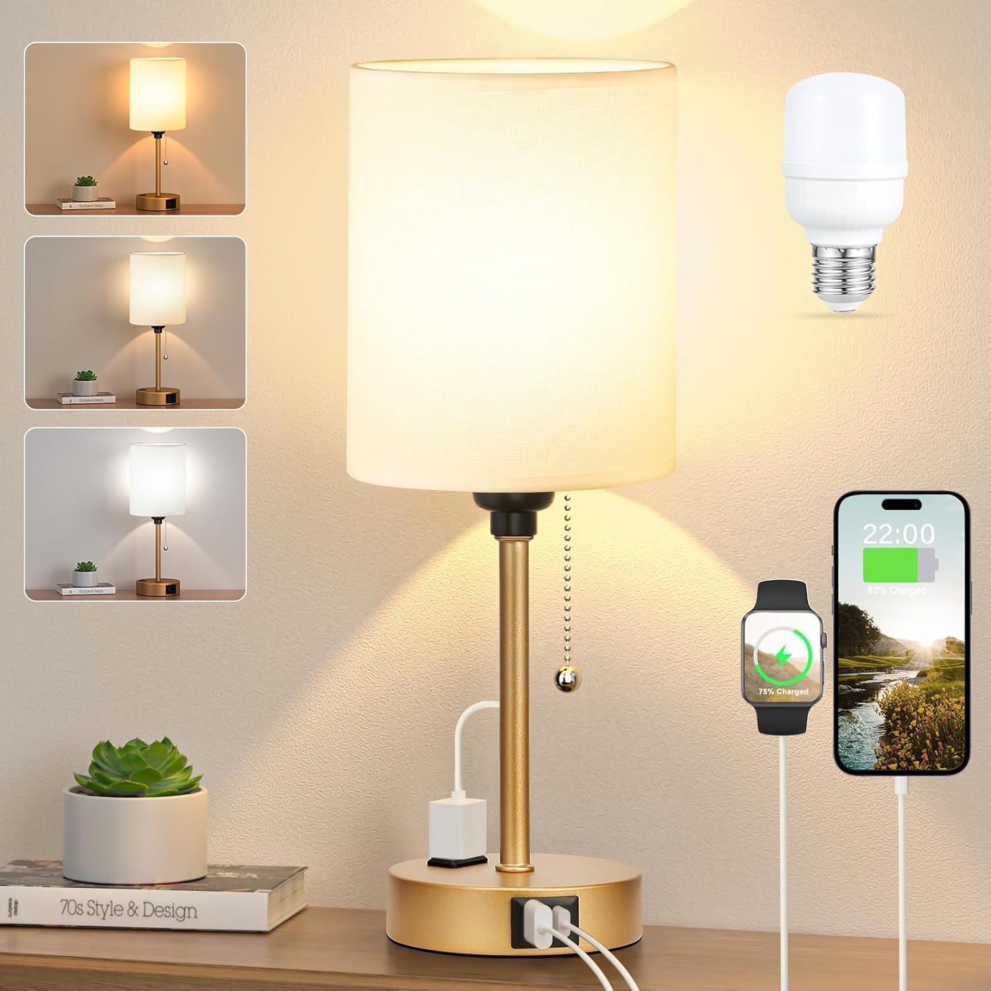 Small Bedside Table lamp for Bedroom - 3 Color Temperatures Bedside Lamps with USB C and A Ports, Pull Chain Table Lamps with AC Outlet, White Nightstand Lamps with Black Metal Base for Kids Reading