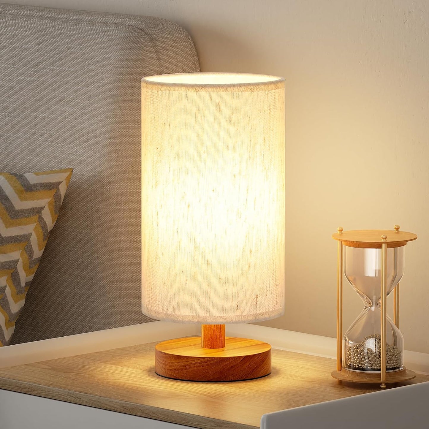 Small Table Lamp for Bedroom - Inline Control, Bedside Lamp with 3000K A15 LED Blub, Easy Assembly (Cream Shade - Wood Base, 9" Inline Control)