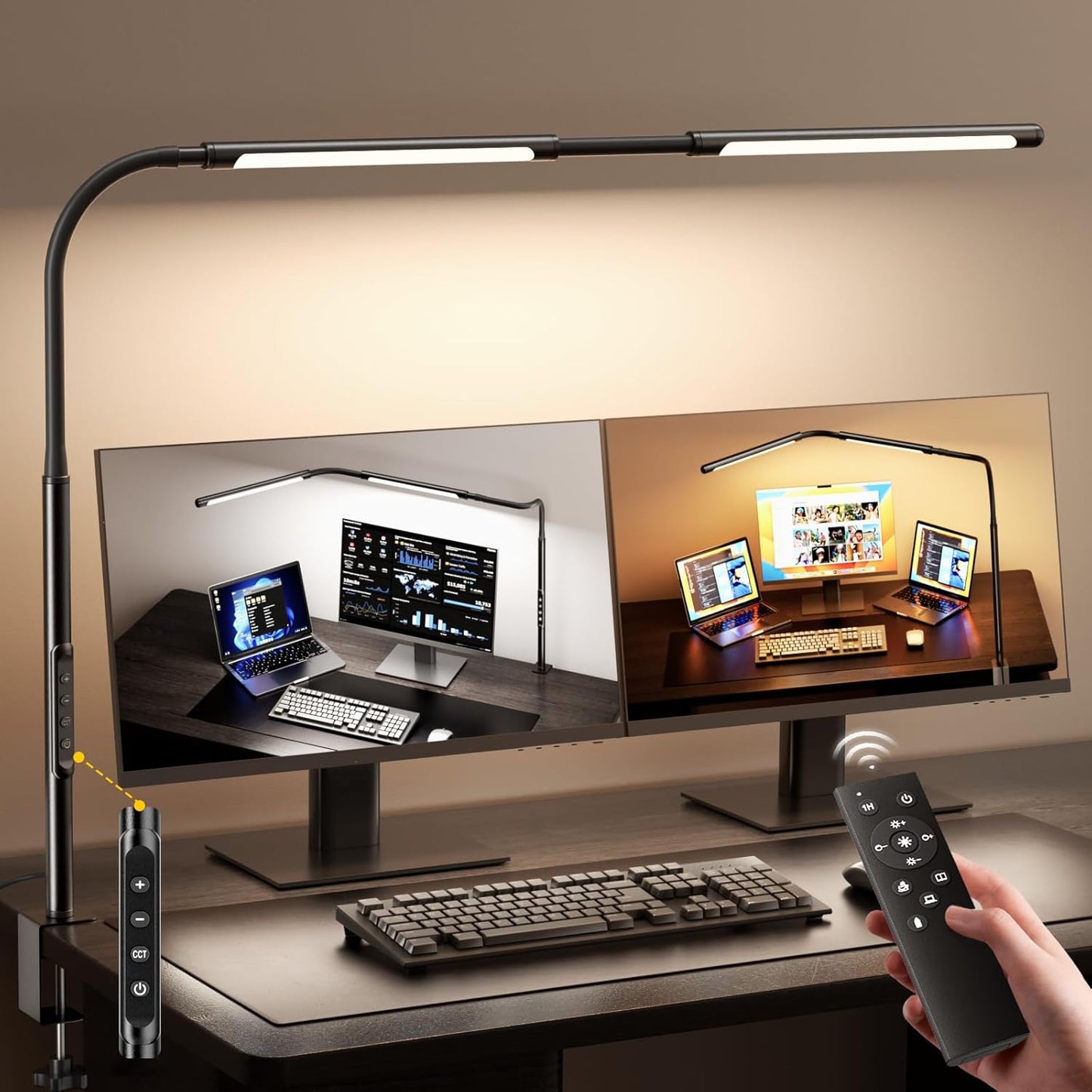 LED Desk Lamp for Office Home, Eye-Caring Desk Light with Stepless Dimming Adjustable Flexible Gooseneck, 10W USB Adapter Desk Lamp with Clamp for Reading, Study, Workbench (Black)