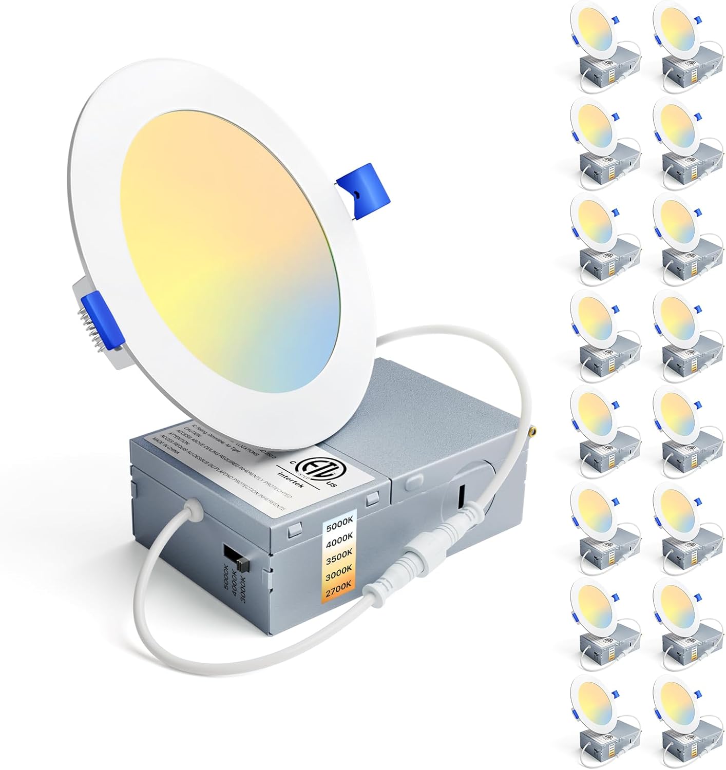 Ensenior 16 Pack 6 Inch LED Recessed Ceiling Light, Dimmable, 2700K-5000K 5CCT, 1050LM 12W 120V, High Brightness Canless Wafer Downlight - ETL&FCC&IC