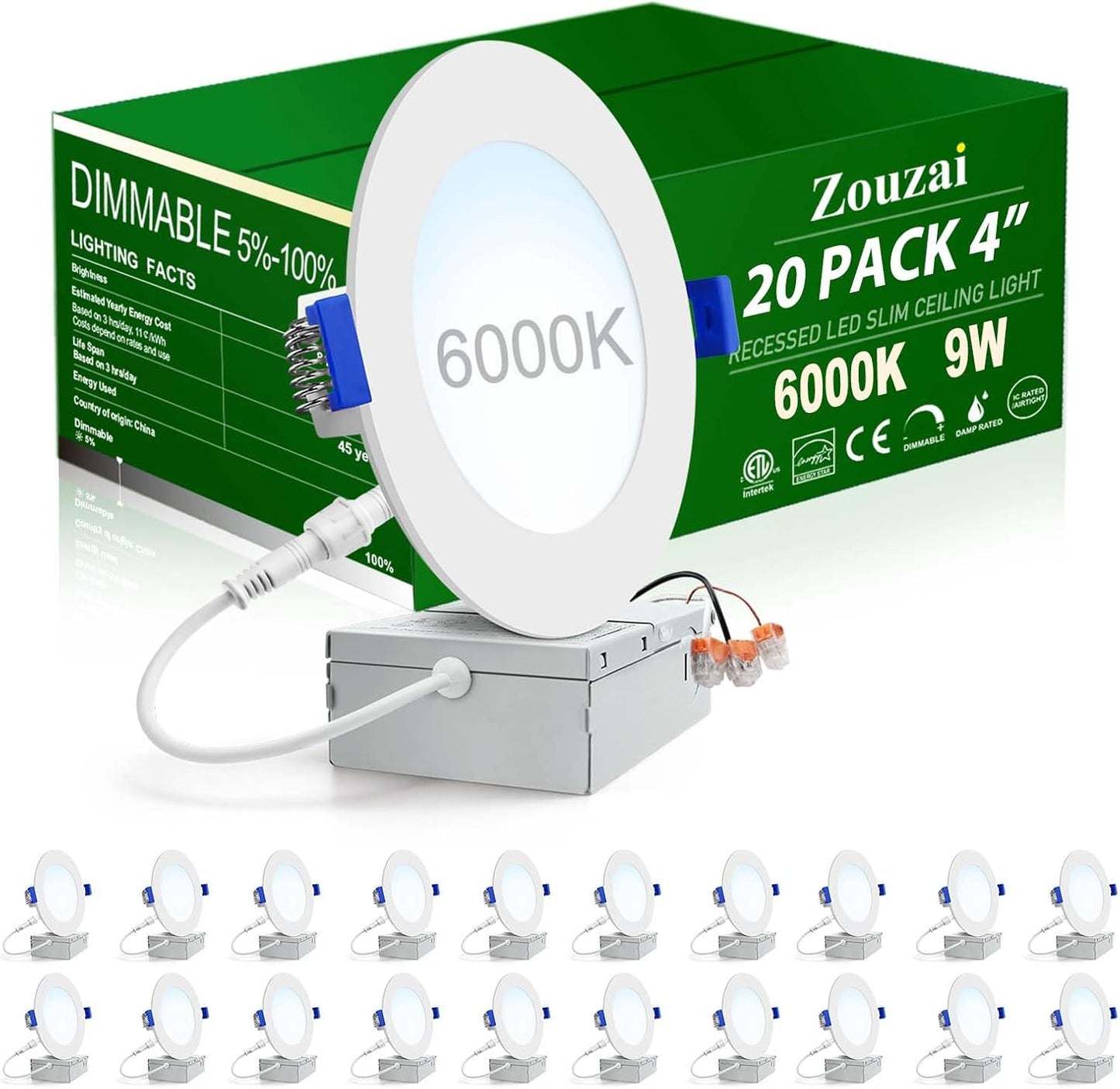 zouzai 20 Pack 6 Inch Ultra-Thin LED Recessed Ceiling Light with Junction Box 5CCT Adjustable Dimmable Can-Killer Downlight - ETL and Energy Star Certified