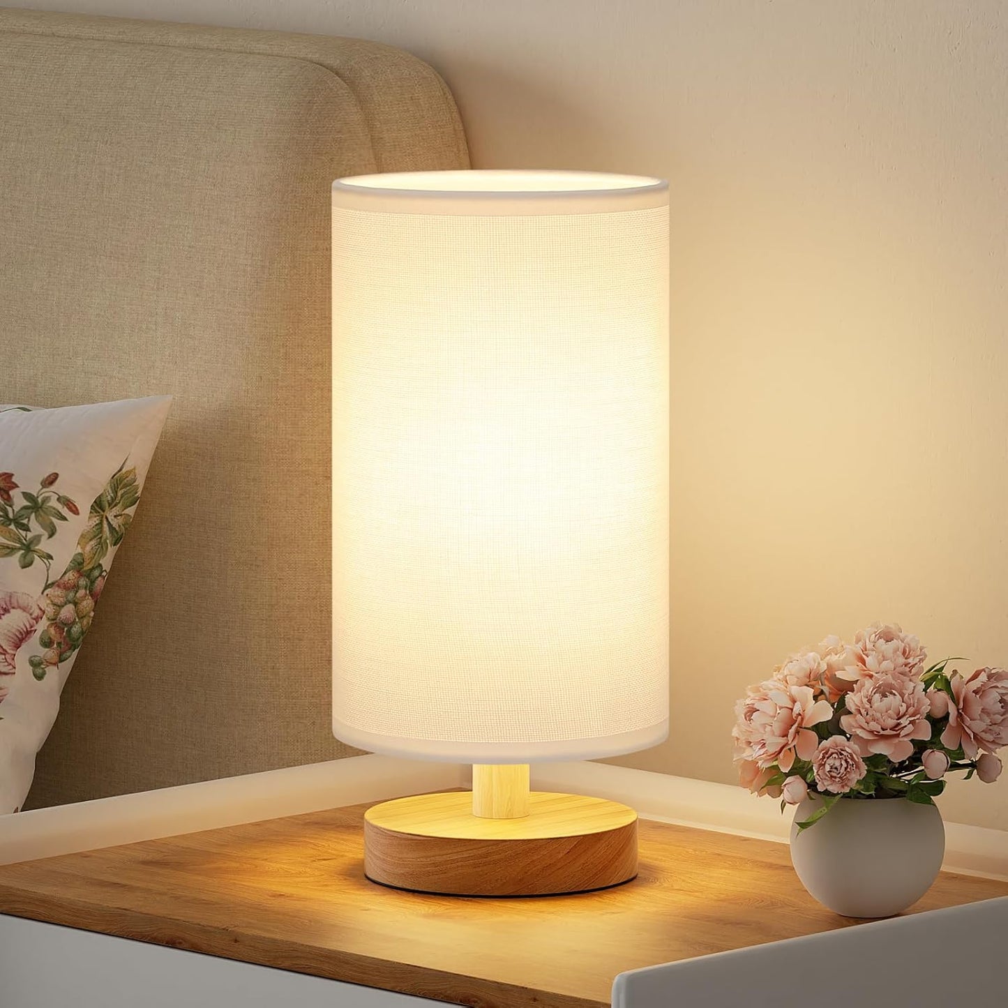 Small Table Lamp for Bedroom - Inline Control, Bedside Lamp with 3000K A15 LED Blub, Easy Assembly (Cream Shade - Wood Base, 9" Inline Control)