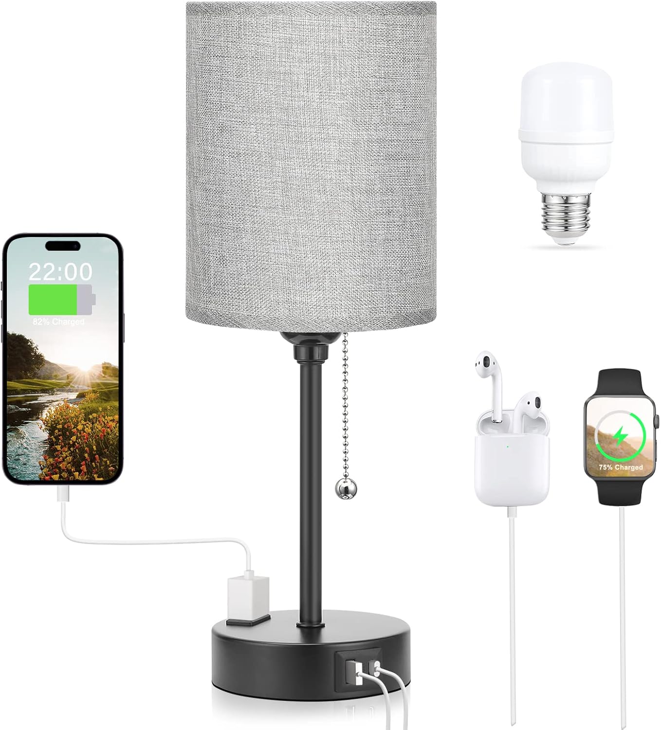 Small Bedside Table lamp for Bedroom - 3 Color Temperatures Bedside Lamps with USB C and A Ports, Pull Chain Table Lamps with AC Outlet, White Nightstand Lamps with Black Metal Base for Kids Reading