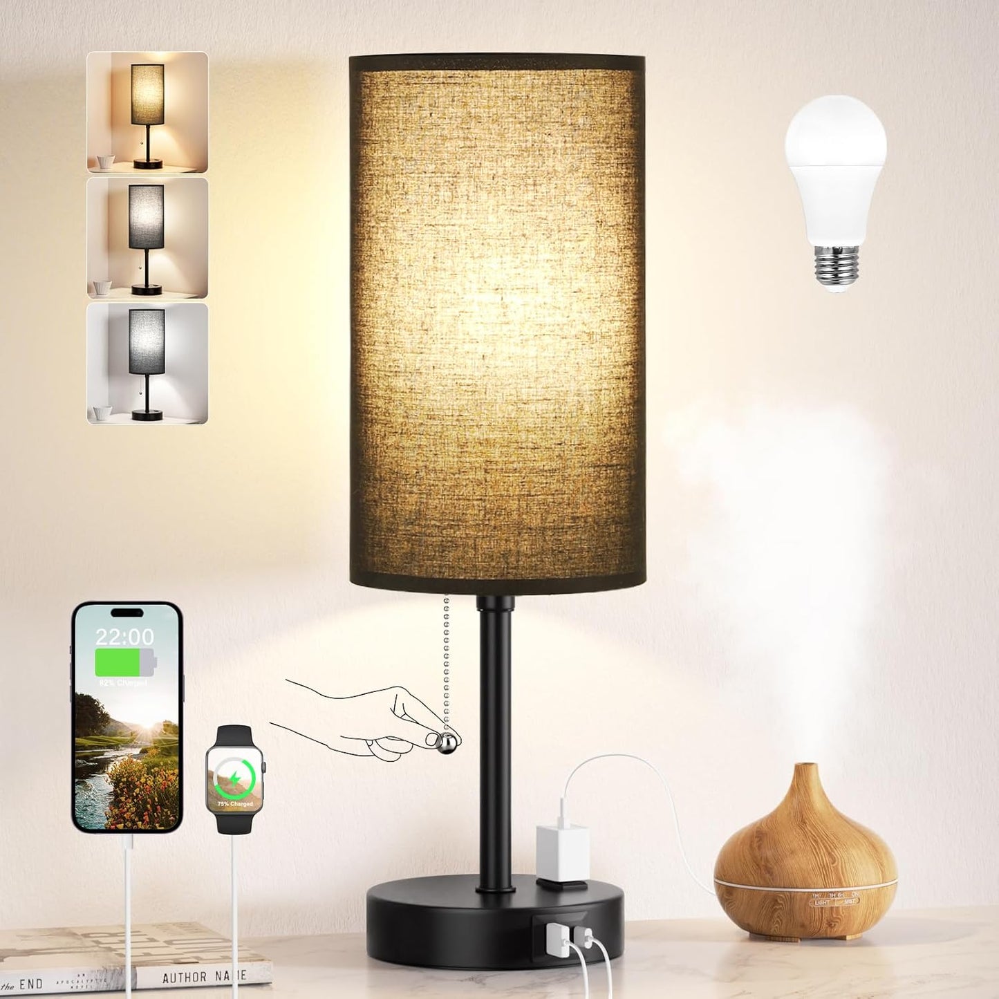 Small Bedside Table lamp for Bedroom - 3 Color Temperatures Bedside Lamps with USB C and A Ports, Pull Chain Table Lamps with AC Outlet, White Nightstand Lamps with Black Metal Base for Kids Reading
