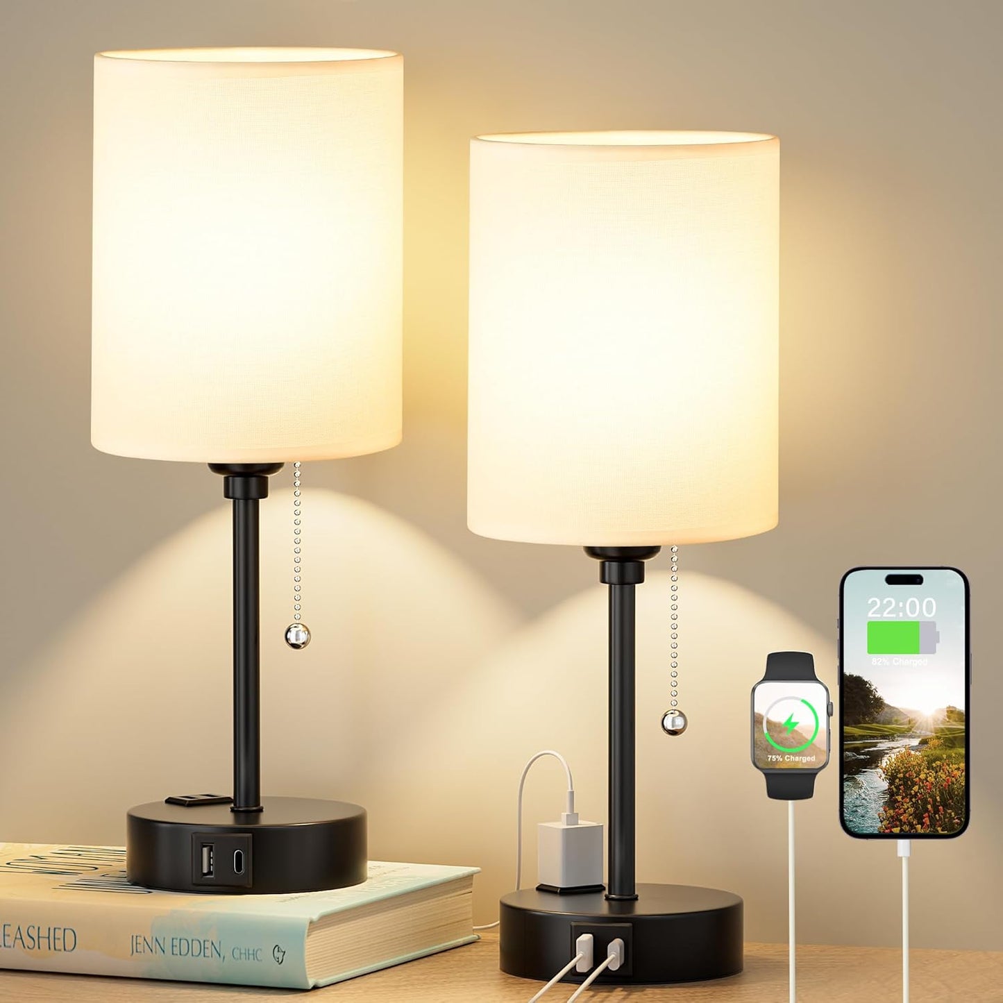 Small Bedside Table lamp for Bedroom - 3 Color Temperatures Bedside Lamps with USB C and A Ports, Pull Chain Table Lamps with AC Outlet, White Nightstand Lamps with Black Metal Base for Kids Reading