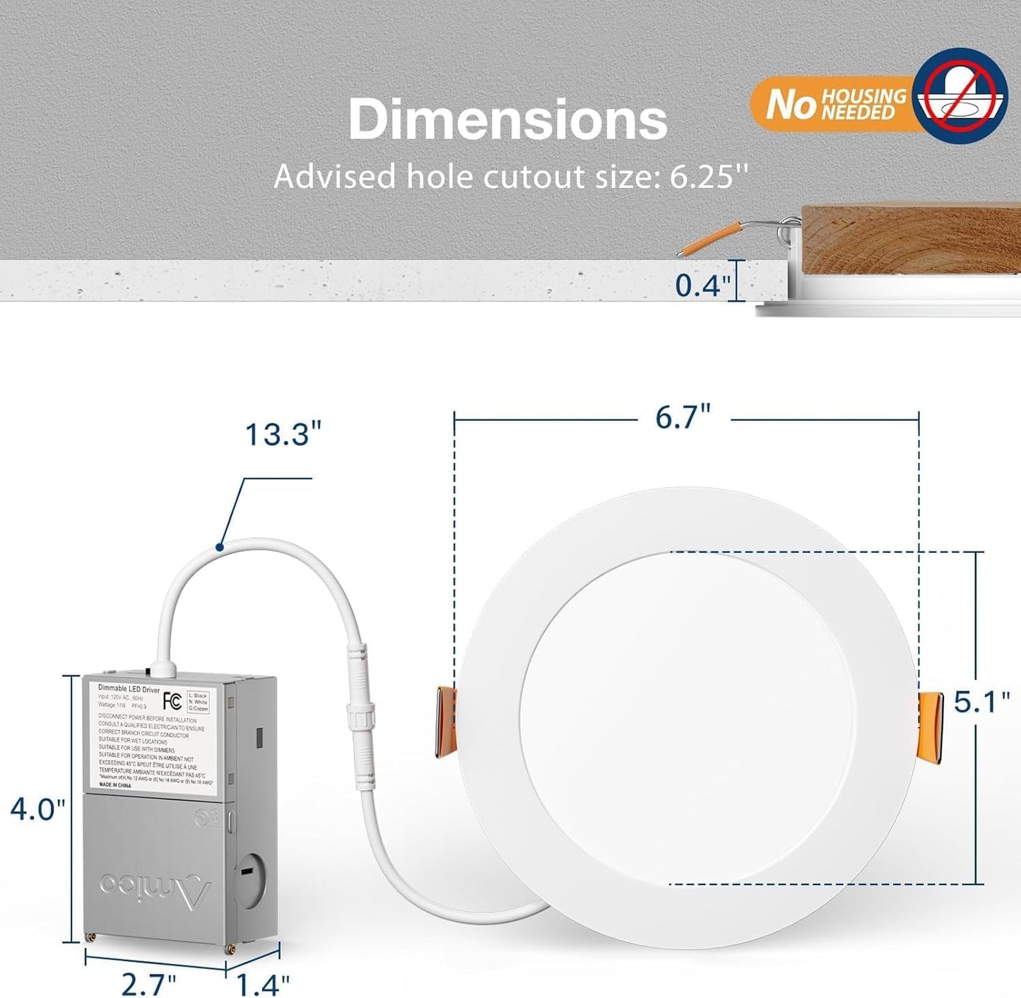 Amico 4 Pack 6 Inch 5CCT Ultra-Thin LED Recessed Ceiling Light with Junction Box, 2700K/3000K/3500K/4000K/5000K Selectable, 12W Eqv 110W 1050LM Brightness Dimmable Canless Wafer Downlight, ETL & FCC