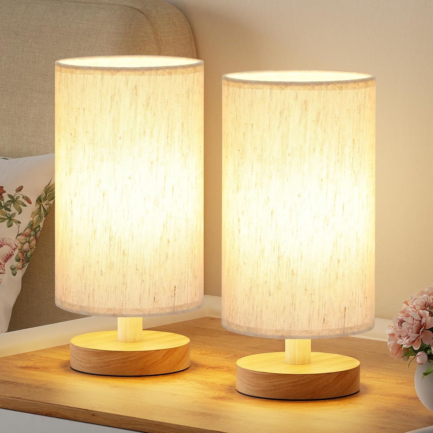 Small Table Lamp for Bedroom - Inline Control, Bedside Lamp with 3000K A15 LED Blub, Easy Assembly (Cream Shade - Wood Base, 9" Inline Control)