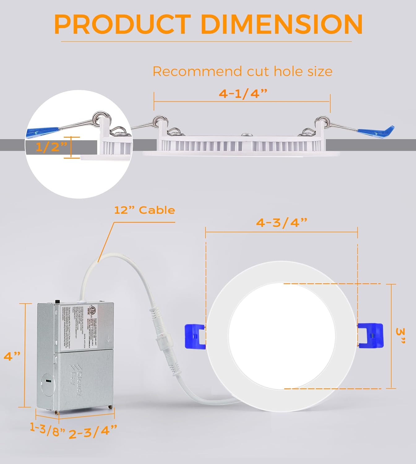 CLOUDY BAY 4 inch 3000K/4000K/5000K Three Color Temperature Selectable, Dimmable 10W CRI 90+, IC Rated,Ultra Thin Recessed Downlight with Junction Box, Canless Wafer Downlight,White Finish, 12 Pack