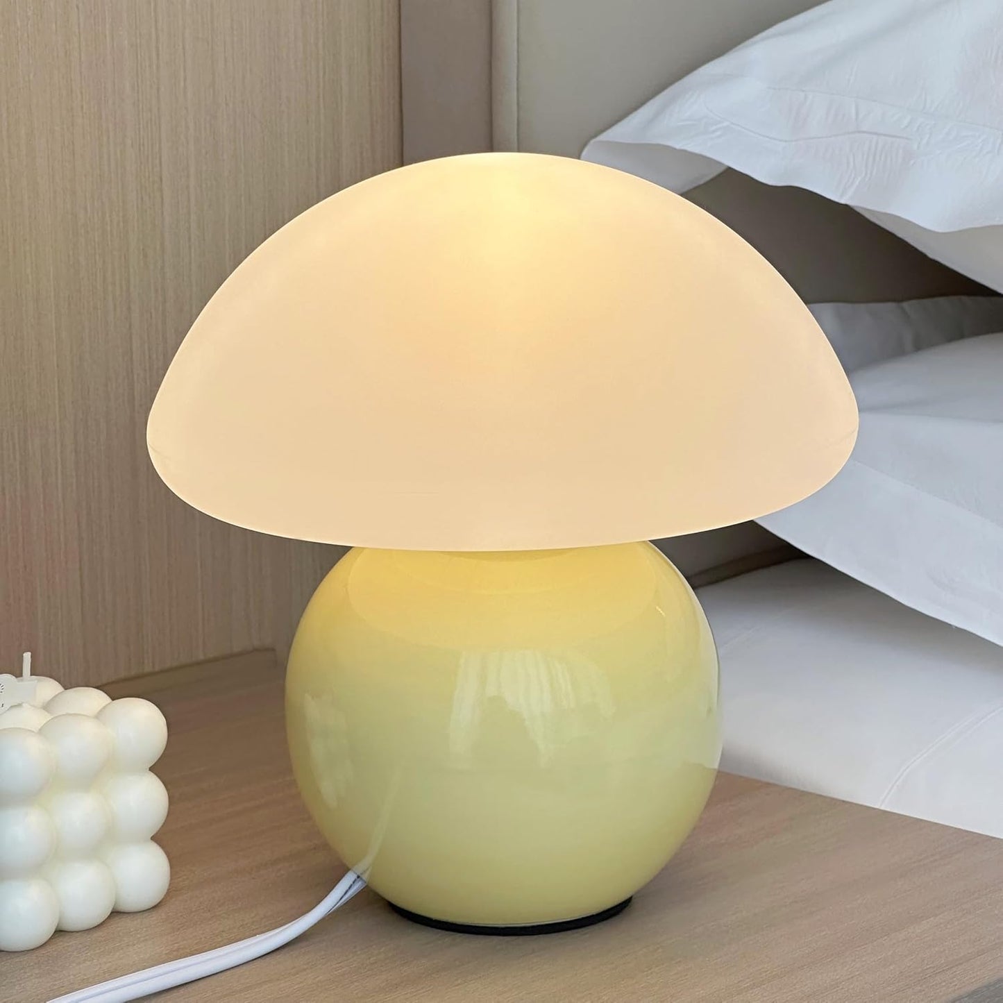 Mushroom Lamp Ceramic Base,White Cute 70s Mid Century Modern Decor Lamp for Bedroom,Small Abstract Table Bedside Glass Mood Coze Fun Warm Light