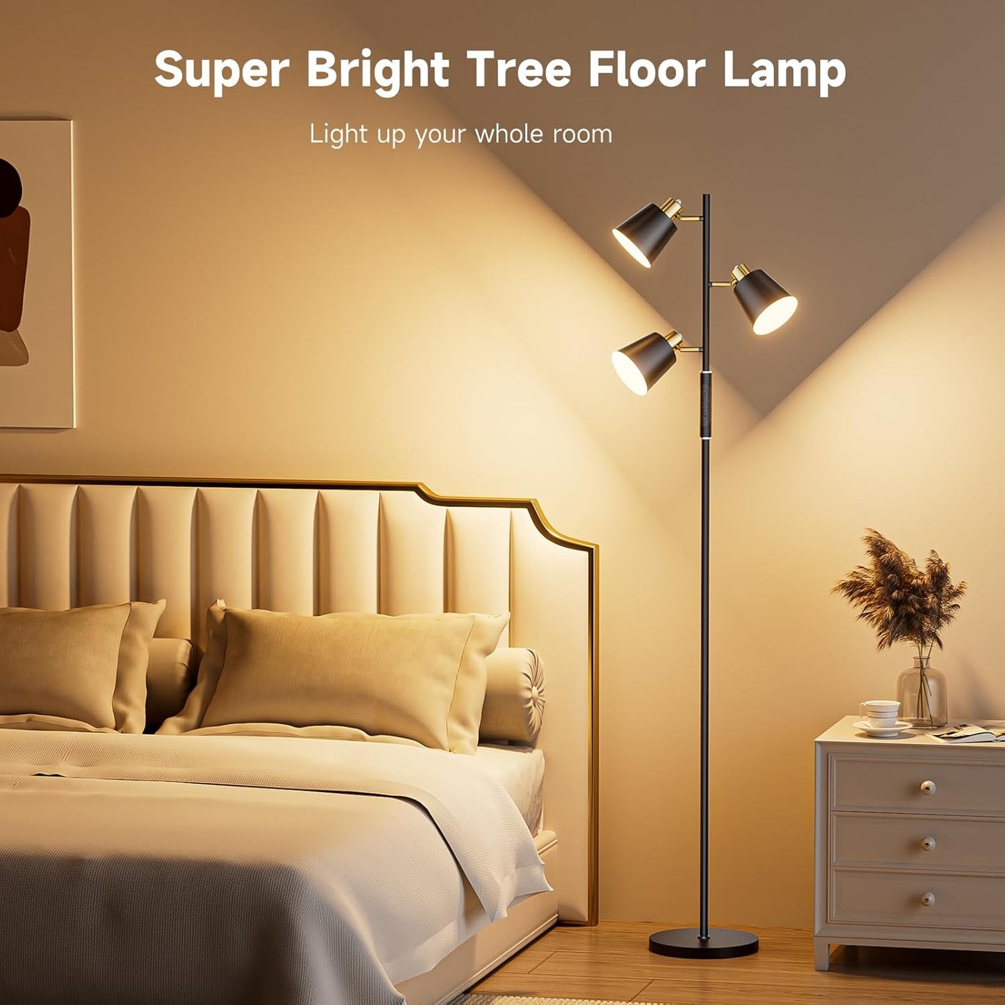 LED Tree Floor Lamp, 2500LM Super Bright Standing Lamp with Remote & Touch Control, 4 Color Temperatures, 3 Rotatable Lights, Modern Dimmable Floor Lamps for Living Room Bedroom Office