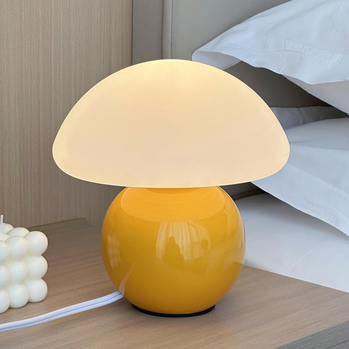 Mushroom Lamp Ceramic Base,White Cute 70s Mid Century Modern Decor Lamp for Bedroom,Small Abstract Table Bedside Glass Mood Coze Fun Warm Light