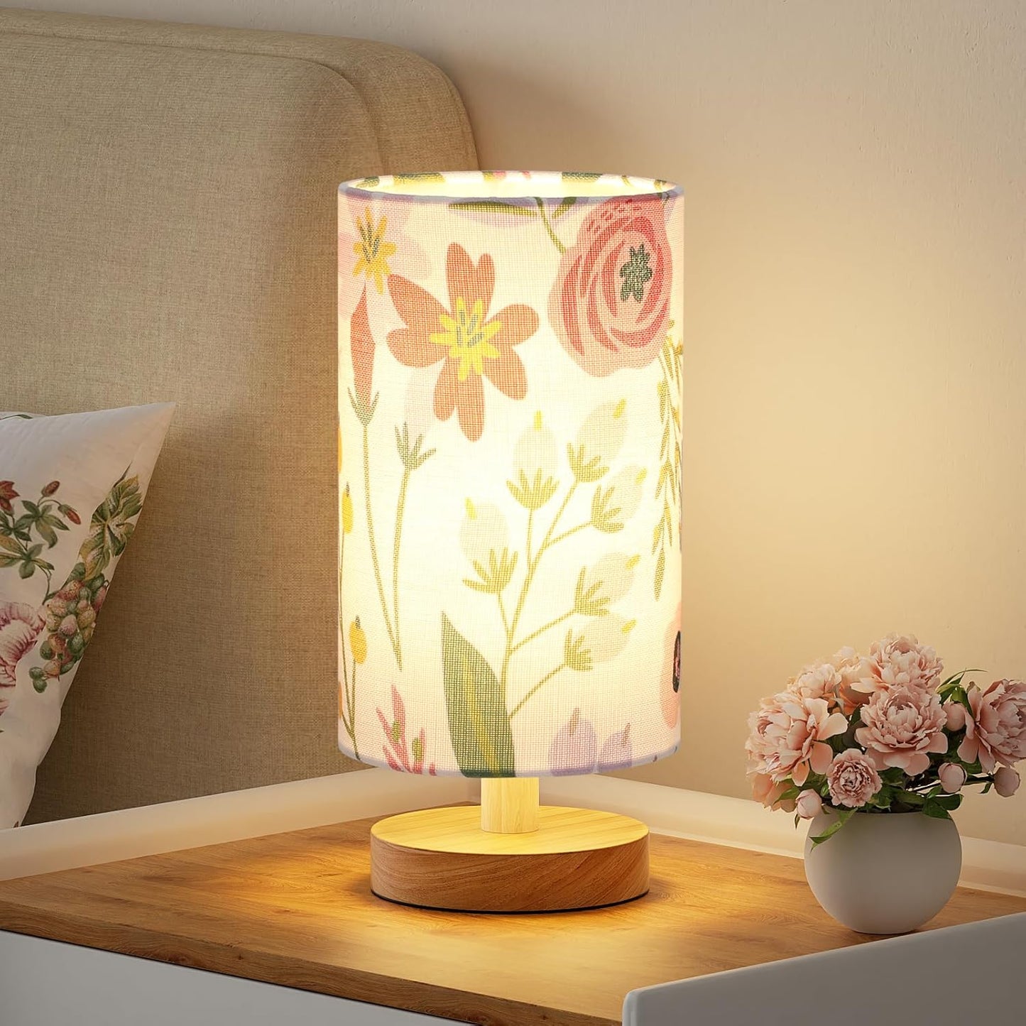 Small Table Lamp for Bedroom - Inline Control, Bedside Lamp with 3000K A15 LED Blub, Easy Assembly (Cream Shade - Wood Base, 9" Inline Control)