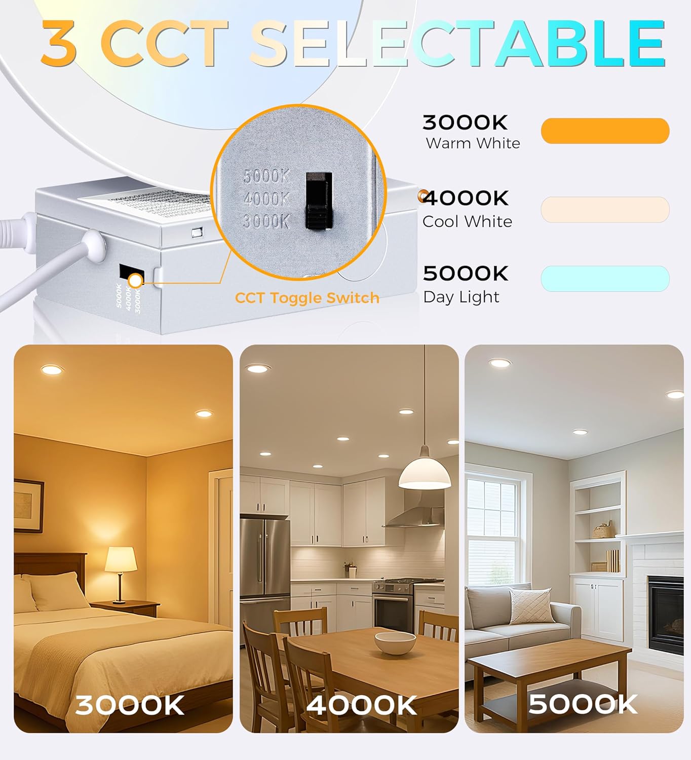 CLOUDY BAY 4 inch 3000K/4000K/5000K Three Color Temperature Selectable, Dimmable 10W CRI 90+, IC Rated,Ultra Thin Recessed Downlight with Junction Box, Canless Wafer Downlight,White Finish, 12 Pack