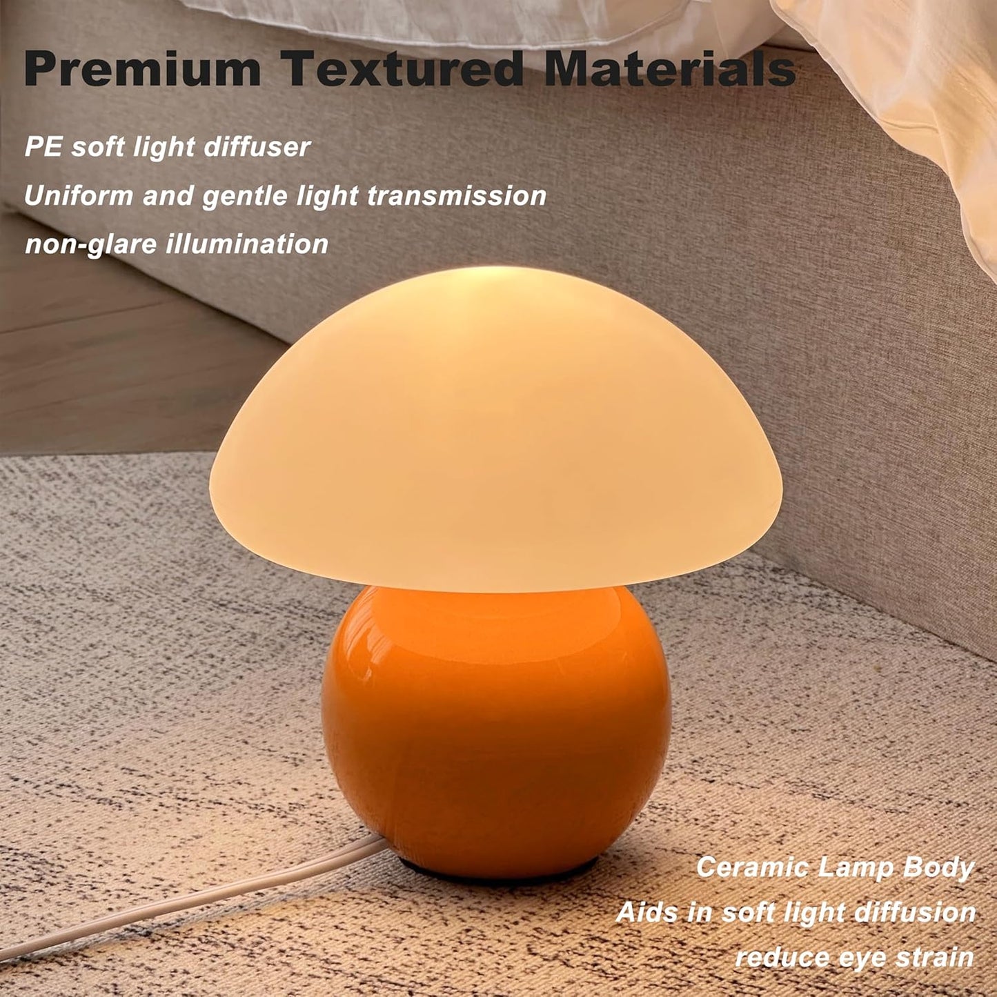 Mushroom Lamp Ceramic Base,White Cute 70s Mid Century Modern Decor Lamp for Bedroom,Small Abstract Table Bedside Glass Mood Coze Fun Warm Light