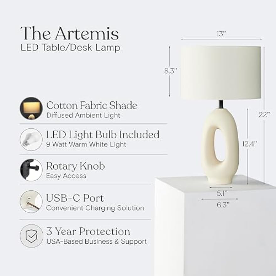 Brightech Artemis LED Table Lamp - Unique Modern Ceramic Lamp for Bedside, Nightstand, Desk - Cozy Night Light with Warm White Light for Living Room, Bedroom