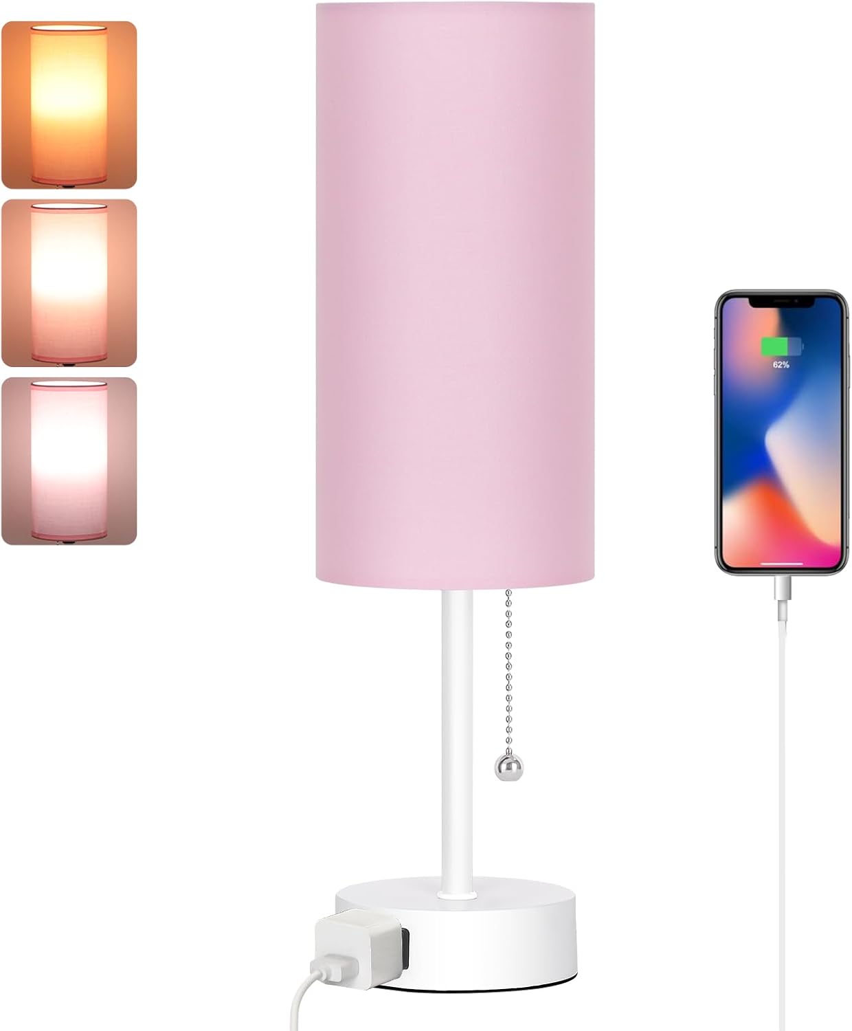 Dott Arts 15" Table Lamp for Bedroom, 3-Color Bedside Lamps with Pull Chain, Bedroom Table Lamps for Nightstand,AC Outlet Small Lamp for Living Room, Bulb Included